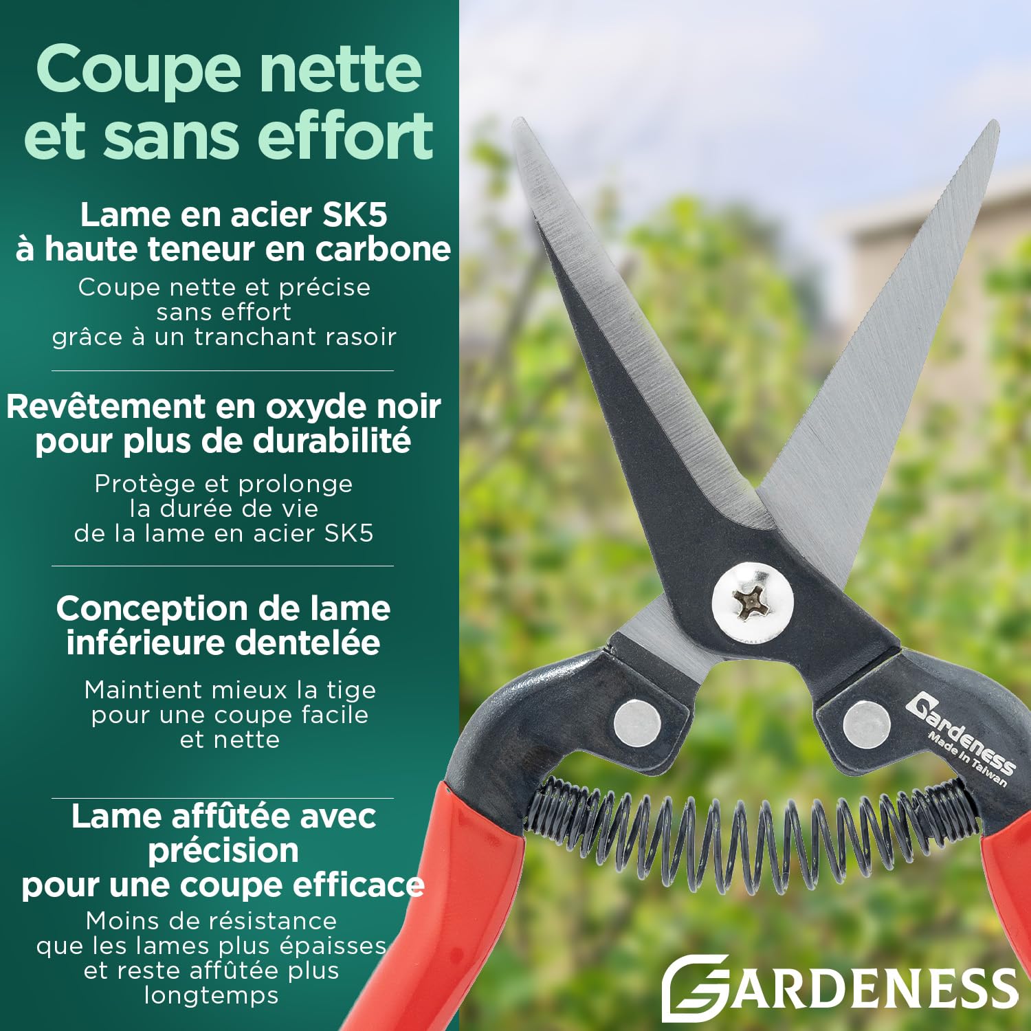 Gardeness – Sécateur droit en acier SK5, ciseaux de jardin ultra tranchants pour plantes, fleurs, fruits, bonsaï – ciseau de jardinage multifonction durable et sans effort
