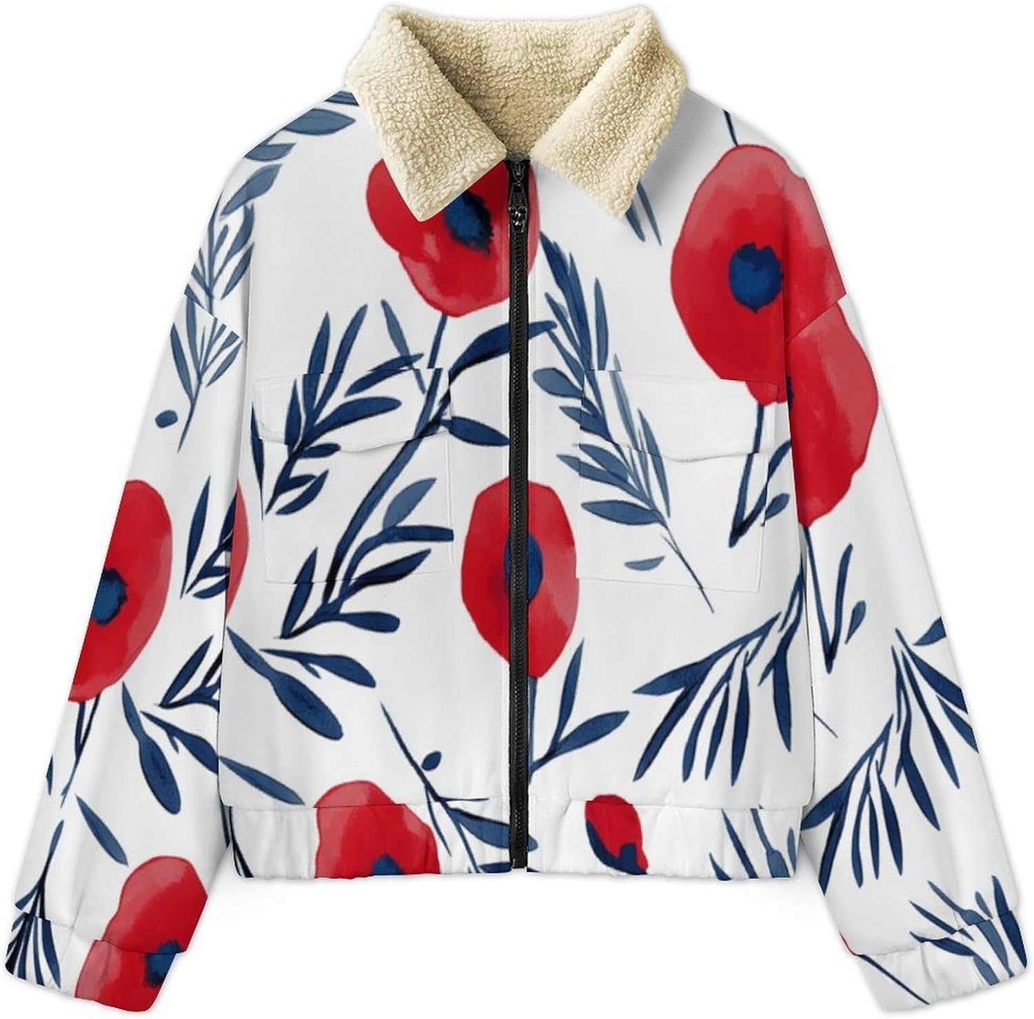 Women Winter Sherpa Lined Fleece Jacket, Long Sleeve Zip Up Poppy Fuzzy Cropped Coats Warm Soft Polar Outwear