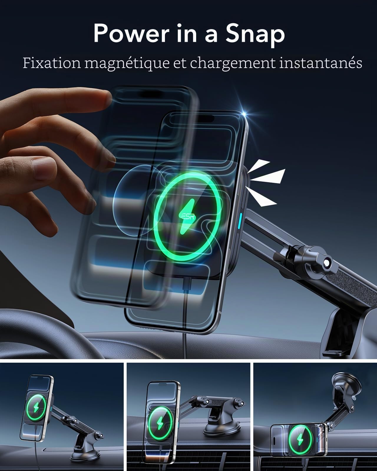 ESR Support Telephone Voiture Magsafe, Chargeur Magsafe Voiture, Tableau de Bord et Pare-Brise Magnétique Support Telephone Chargeur pour iPhone Air/17/17e/16/15/14/13/12, S25/S26, Charge Rapide