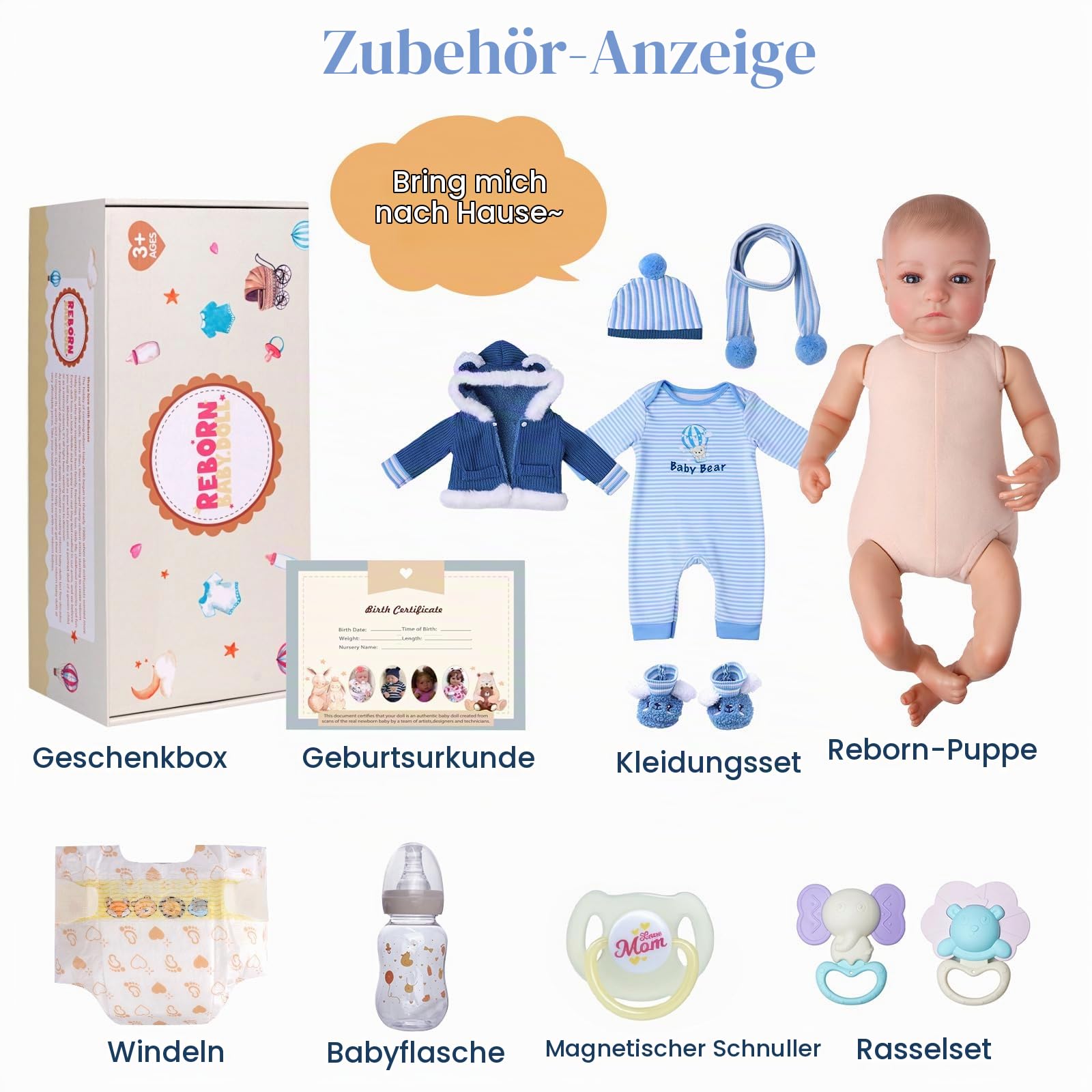 BABESIDE Lebensechte Reborn-Babypuppe Junge 43 cm (17 Zoll) Realistisches Babygefühl Weicher Vinylkörper Lebensechte Babypuppe mit Spielzeug und Geschenkbox