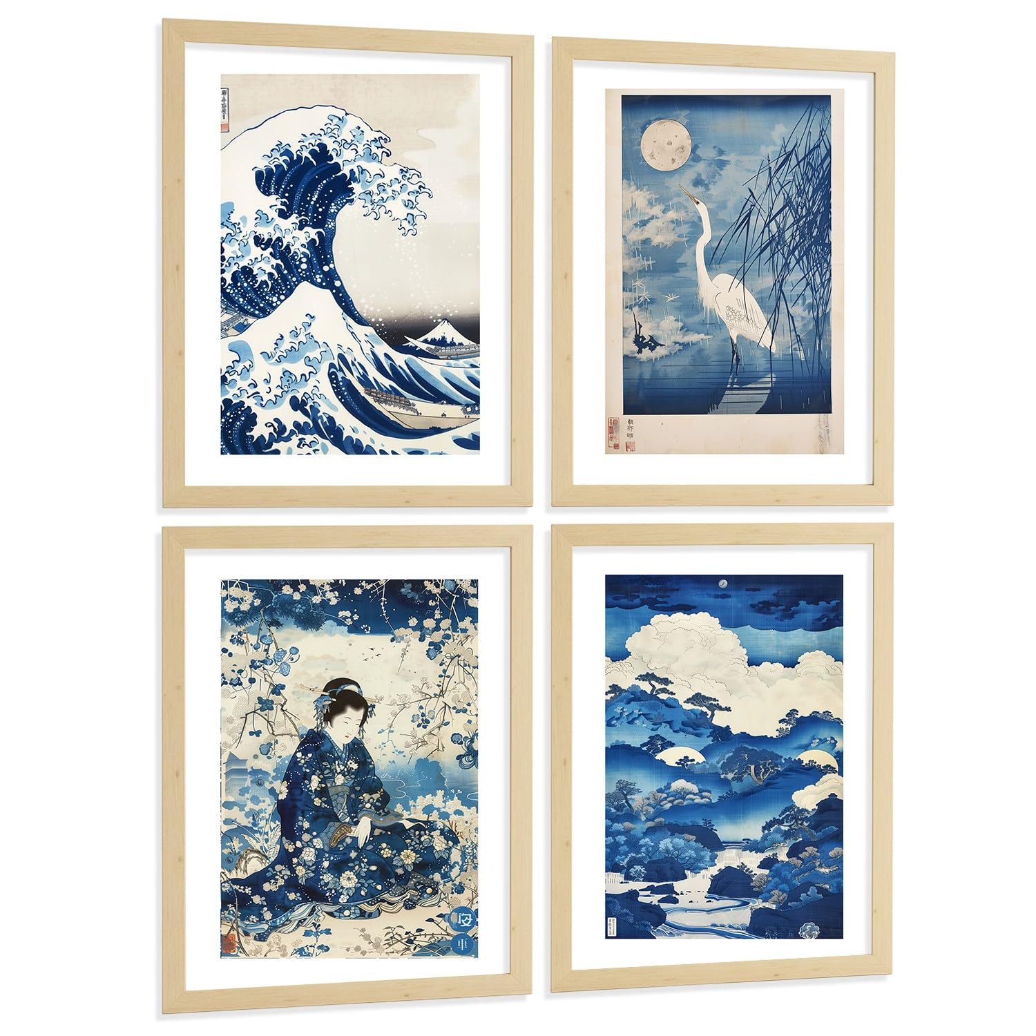 Nacnic Juego De 4 Laminas Decorativas Pared Estilo Japon. Cuadros Salon Modernos - Posters Decorativos Azules Orientales. Arte Japones. Decoración Dormitorios. A3 Marco Madera Clara