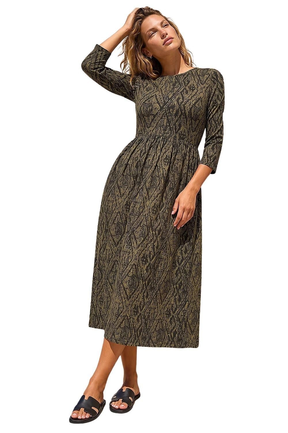 Roman Originals Women's Abstract Khaki Midi Dress With Pockets For Uk Stretchy Jersey Maxi Long 3/4 Length Sleeve Gathered High Waist Boho Flattering Skater Swing Fit Flare - Size 14