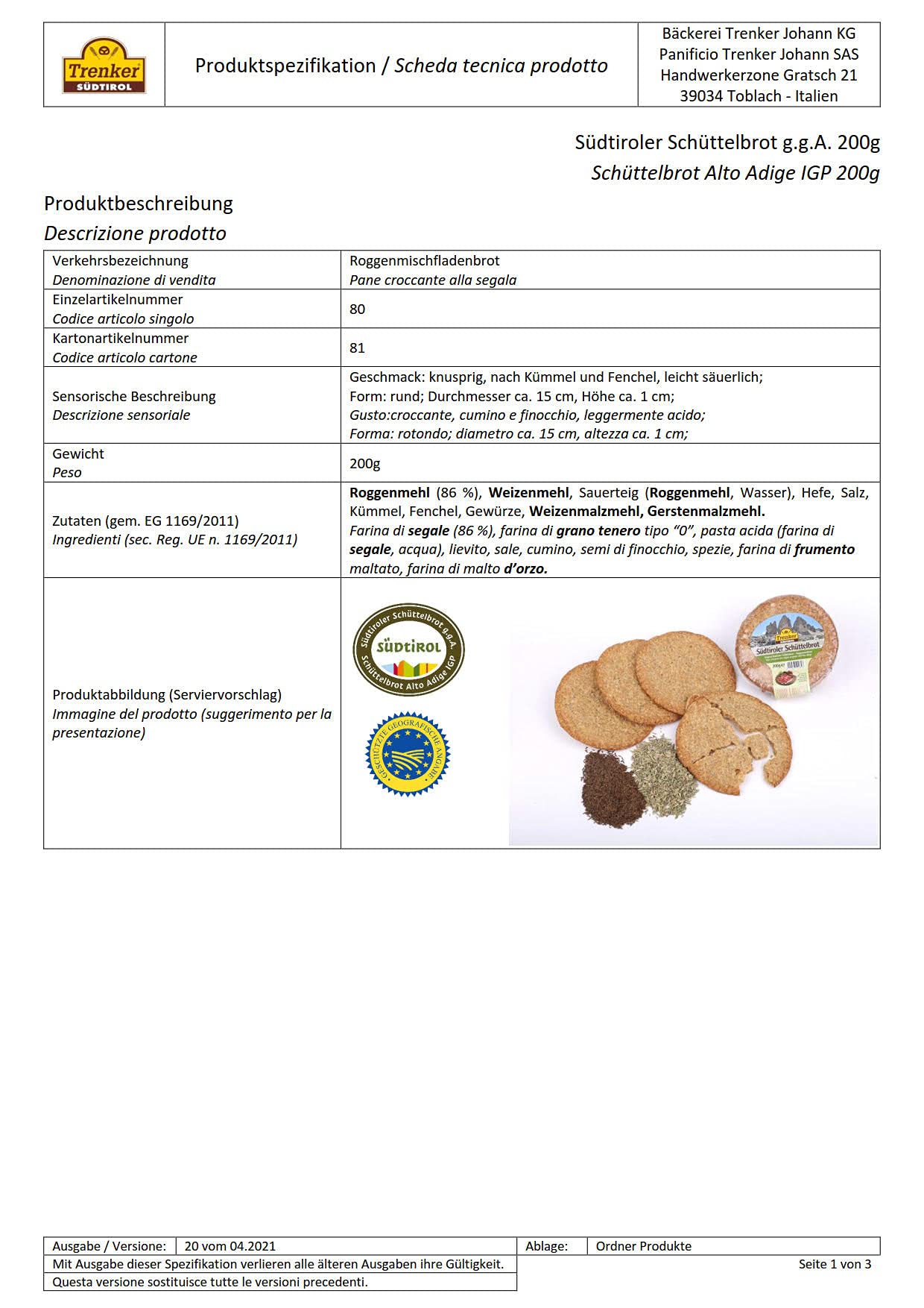 Trenker Südtiroler Schüttelbrot - Roggenmischbrot mit Gewürzen 12 x 200 gr. (2400 gr.)
