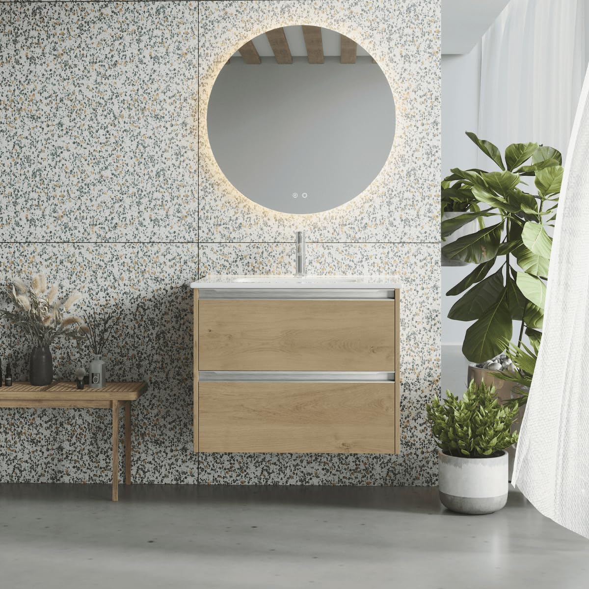 Mueble de Baño Suspendido con Lavabo Cerámico| Mueble Volado 2 Cajones con Tirador | 100 cm Roble Natural Tirador Cromo