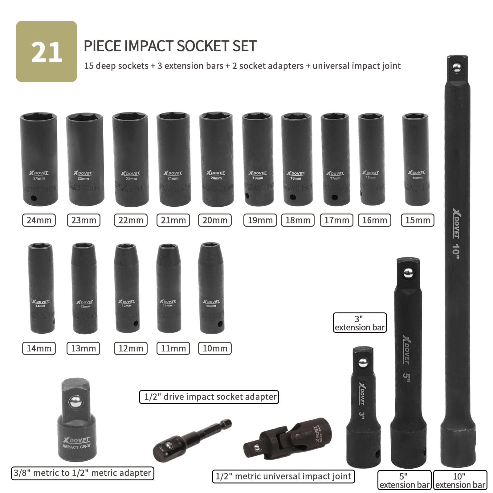 Zestaw nasadek 1/2" 10-24 mm, 21 sztuk, stal chromowo-wanadowa (CR-V), metryczna, sześciokątna, z drążkiem przedłużającym 3", 5" i 10"