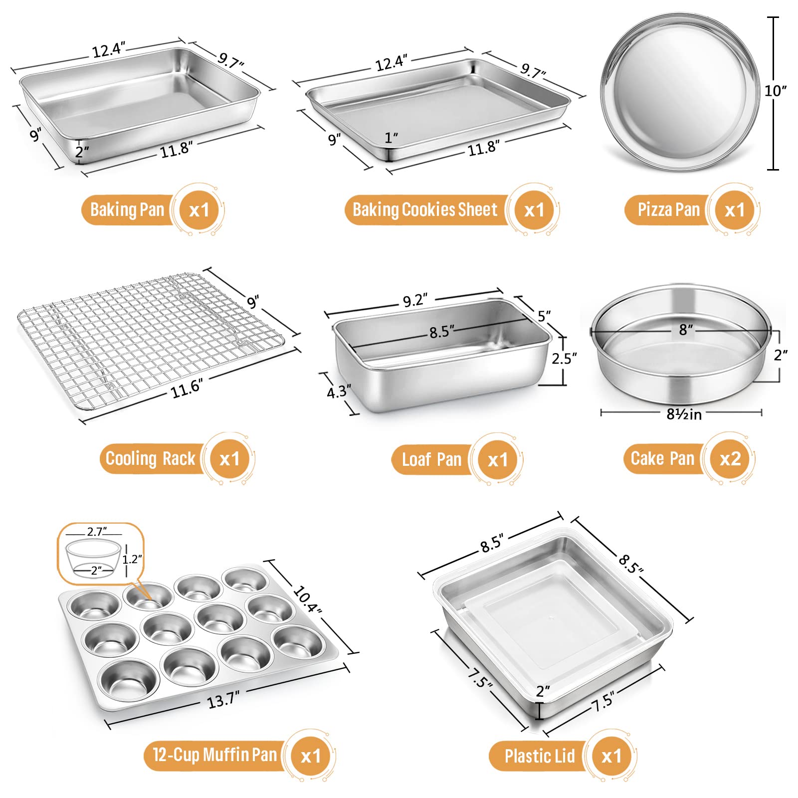 E-far Juego de 10 moldes para hornear, juego de utensilios para hornear de acero inoxidable para horno, incluye molde para tartas, bandeja para hornear galletas, pizza, magdalenas, pan, no tóxico y