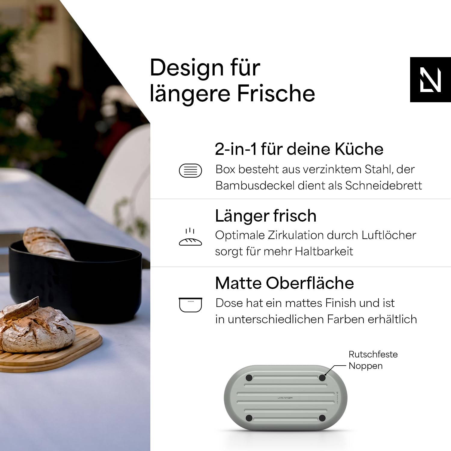 LARS NYSØM Brotkasten aus Metall I Brotbox für langanhaltende Frische mit rutschfesten Noppen I Brotdose mit hochwertigem Bambusdeckel verwendbar als Schneidebrett I 34x19x16cm (Ash Gray)