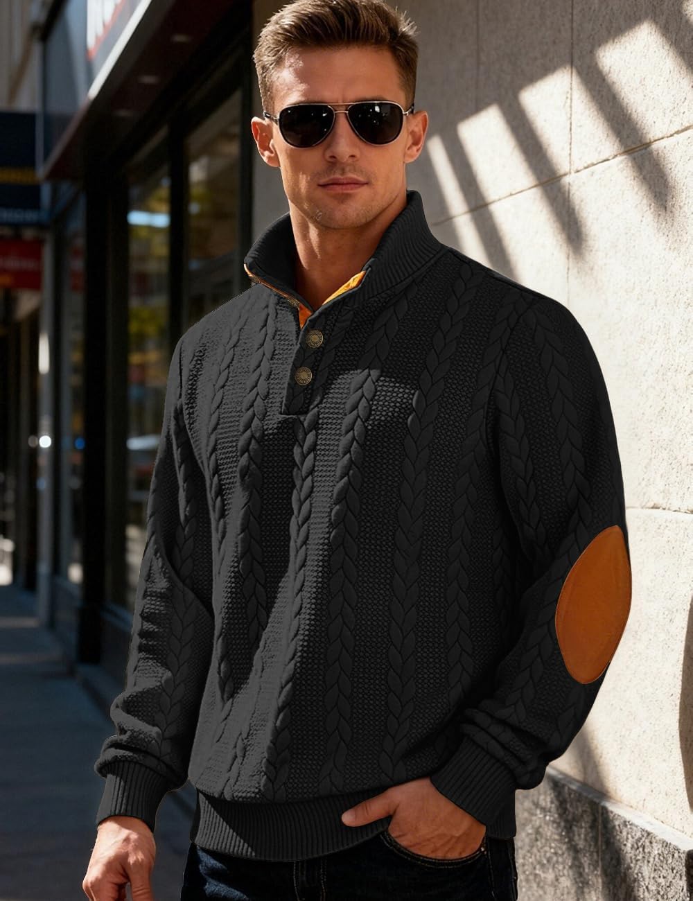Mens Sweater Knitted Quarter Button Long Sleeve Casual Sweatshirts Quilted Stand Collar Pullover Cable Sweaters - Image 4