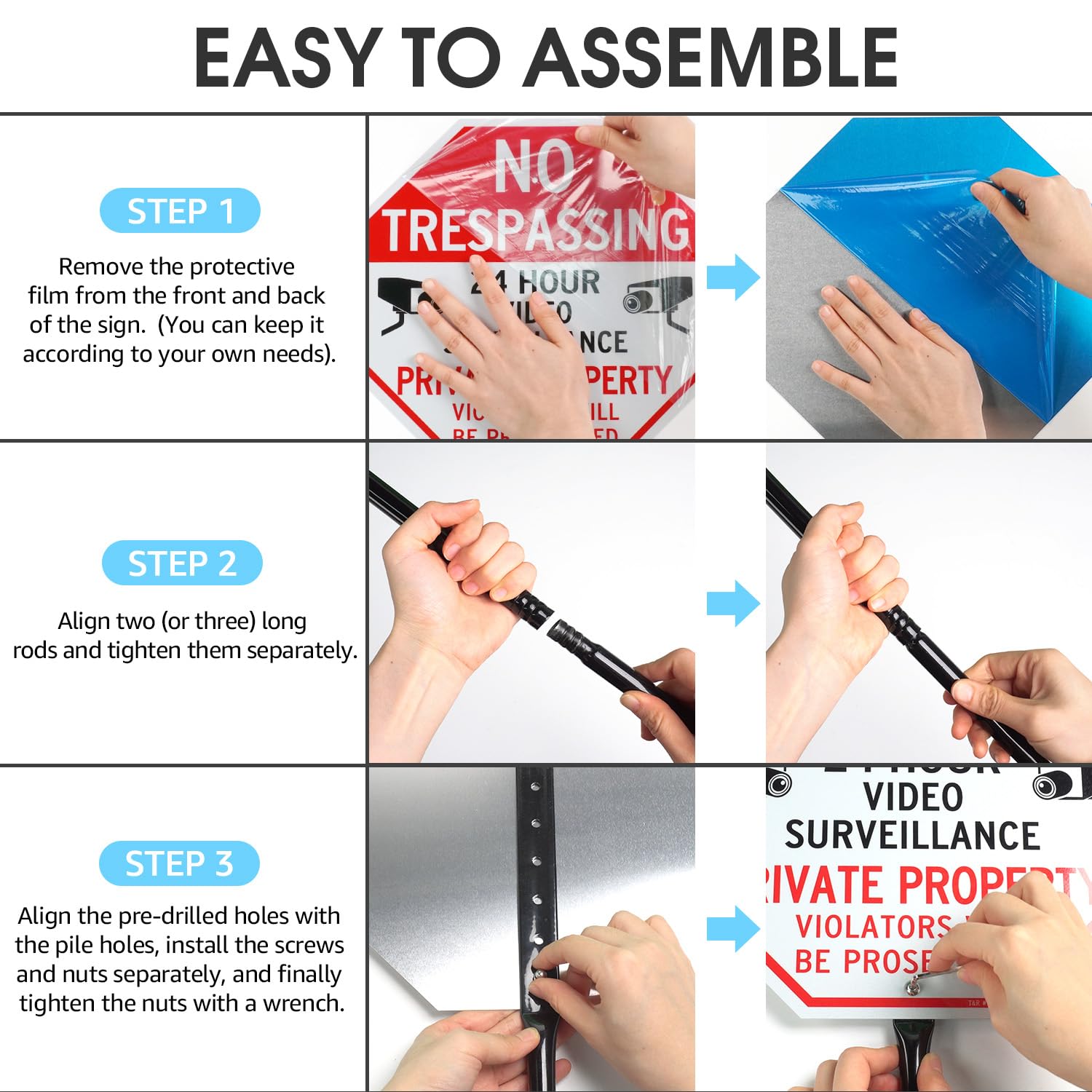 T&R Letrero grande de vigilancia de propiedad privada con estaca de 54 pulgadas, paquete de 2, 12 x 12 pulgadas, aluminio libre de óxido, reflectante, impermeable y resistente a la decoloración, 2