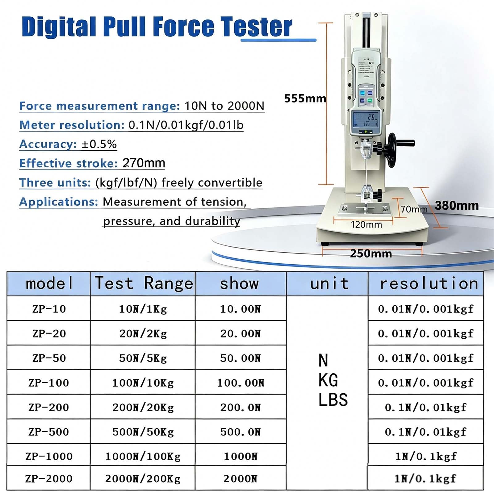 Digitale Zugprüfmaschine, Push-Pull-Messgerät mit übersichtlichem Display | Von 10–2000 N Kapazität, 270 mm Hub, Handradbedienung for Druck- und Zugtests, USB-Datenexport