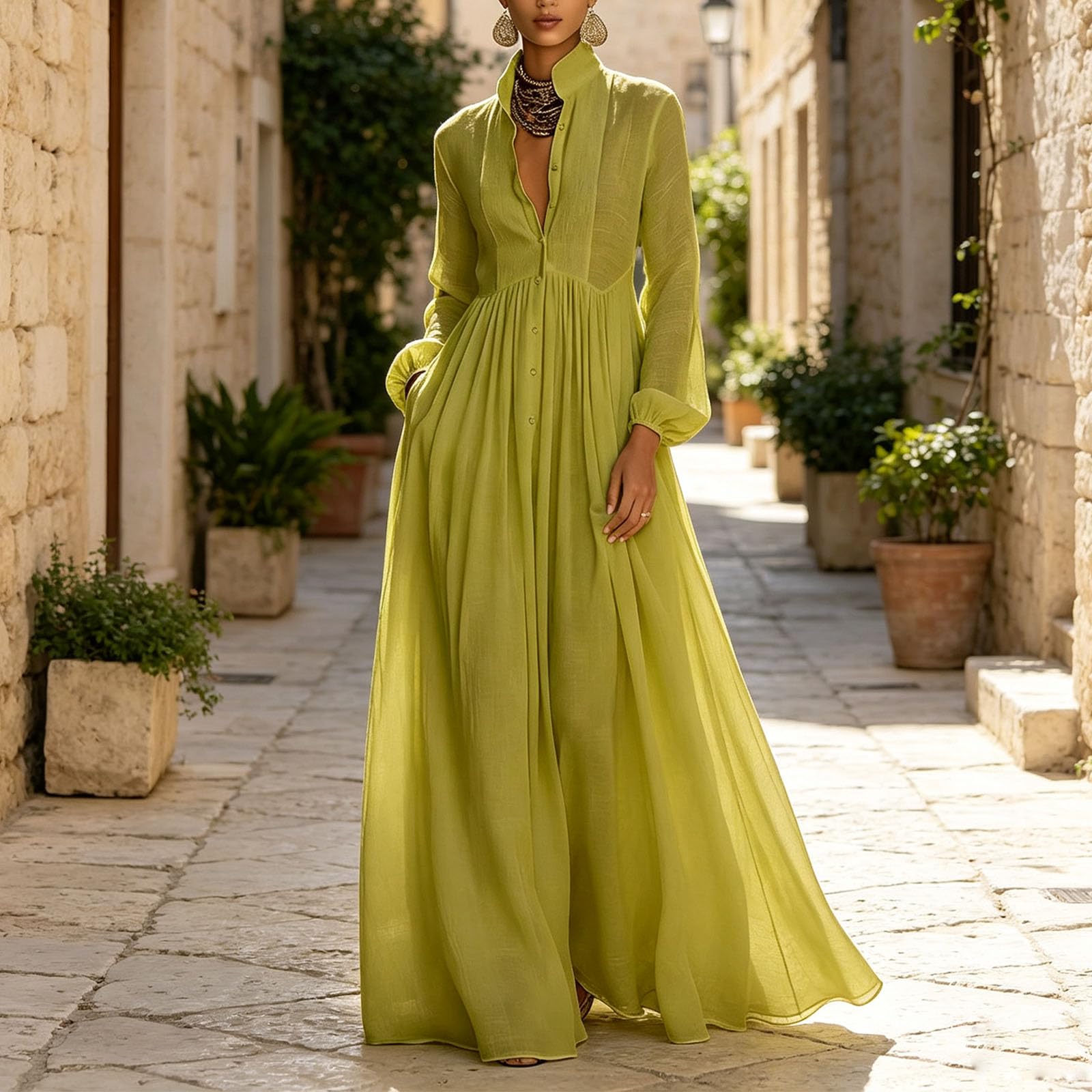 Abito Lungo Casual con Bottoni Vestito Boho Collo alla Coreana