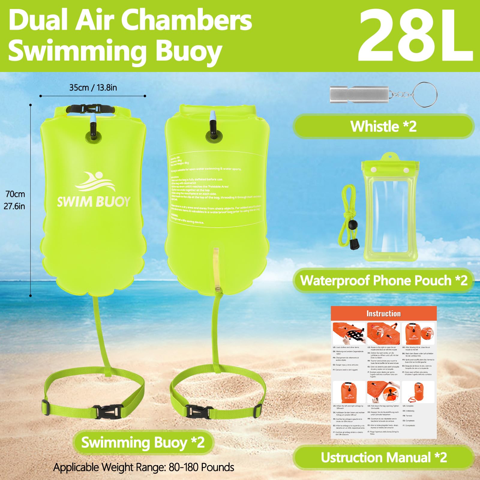 Herenear Boa da nuoto da 28 l, sacco a secco e galleggiante, dispositivo di sicurezza per nuoto in acqua libera, boa ideale per triathlon, surfisti, nuoto