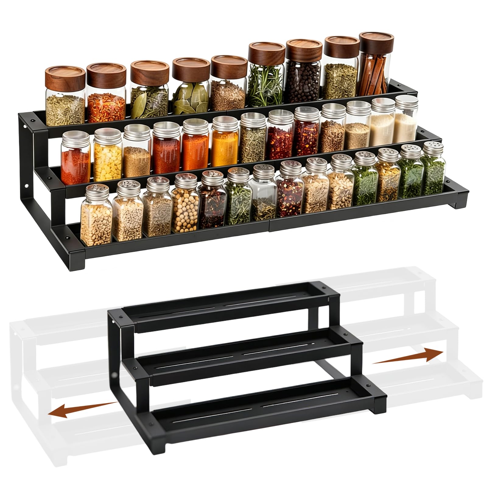 Erweiterbares Gewürzregal mit 3 Ebenen, 41–75 cm, verstellbares Gewürz-Organizer-Regal