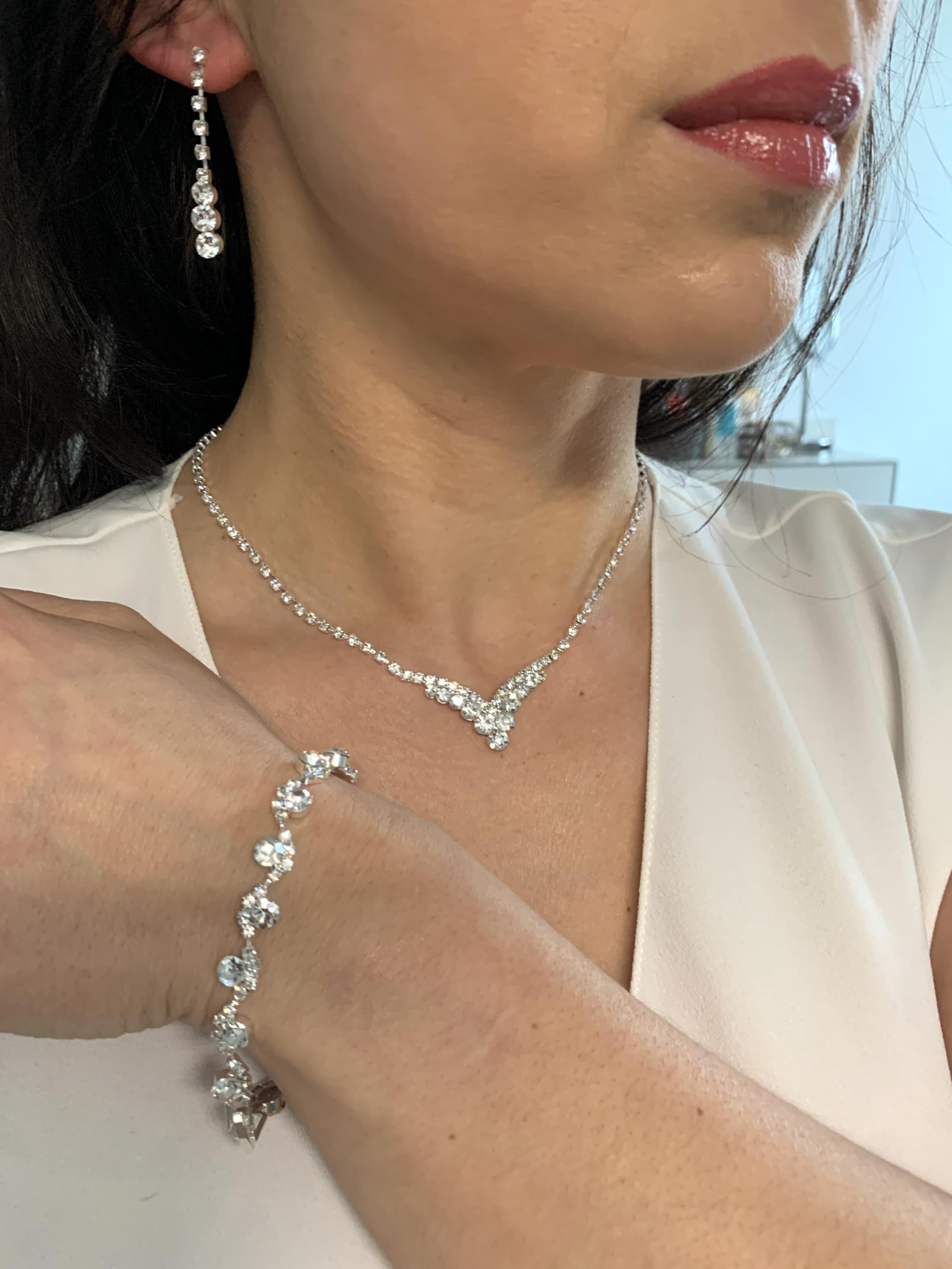 3er Set V Schmuck Damen – Silber Strass Collier Halskette mit Ohrringen & Armband – Verstellbare Kette 38–48 cm, elegantes Schmuckset für Hochzeit, Abiball, Kommunion & festliche Anlässe