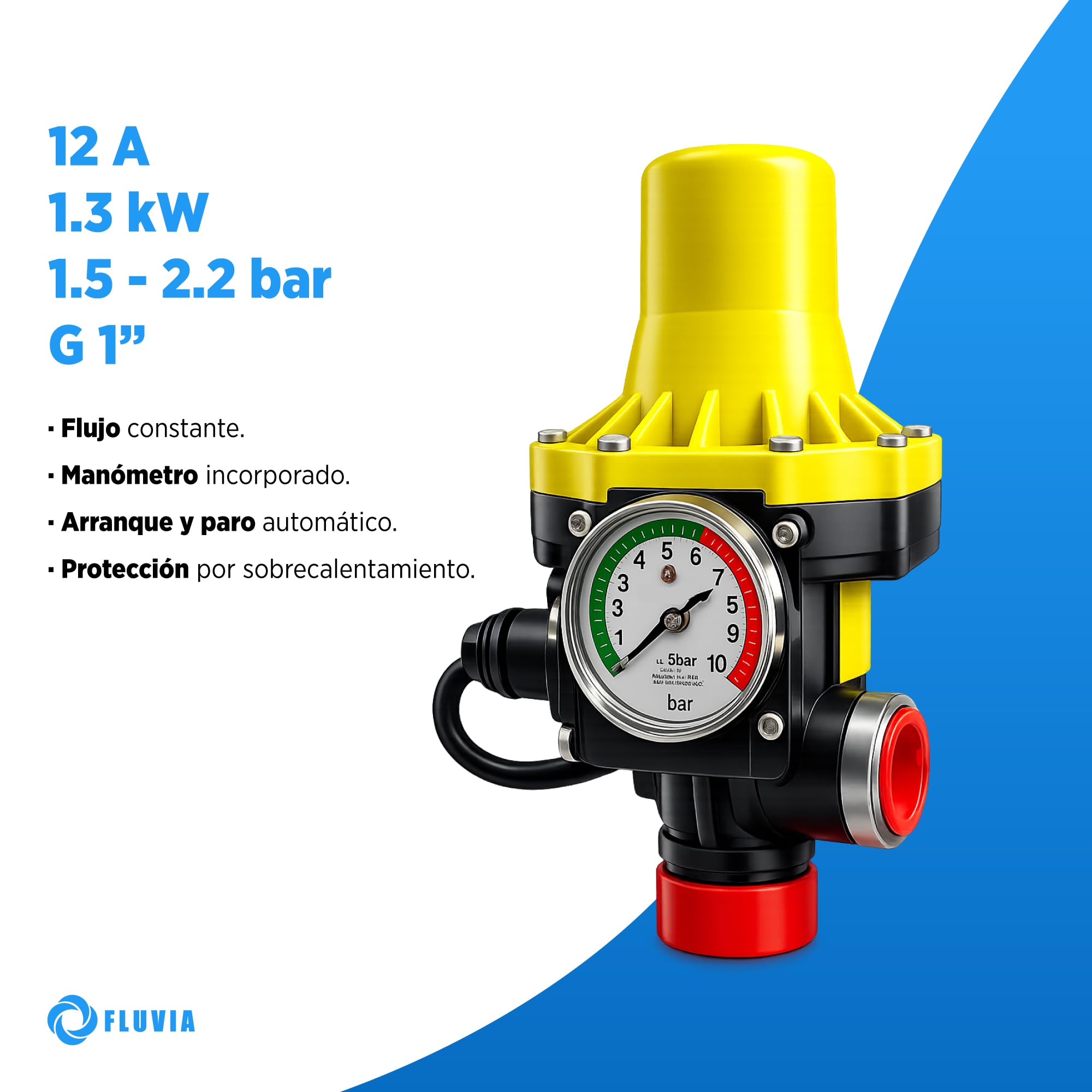 Grupo de Presión de Agua 0.55 kW - 0.75 CV Automático con Controlador – Bomba de Agua Presurizadora Doméstica para Casa, Jardín y Riego, Sistema Automático de Presión · Fluvia