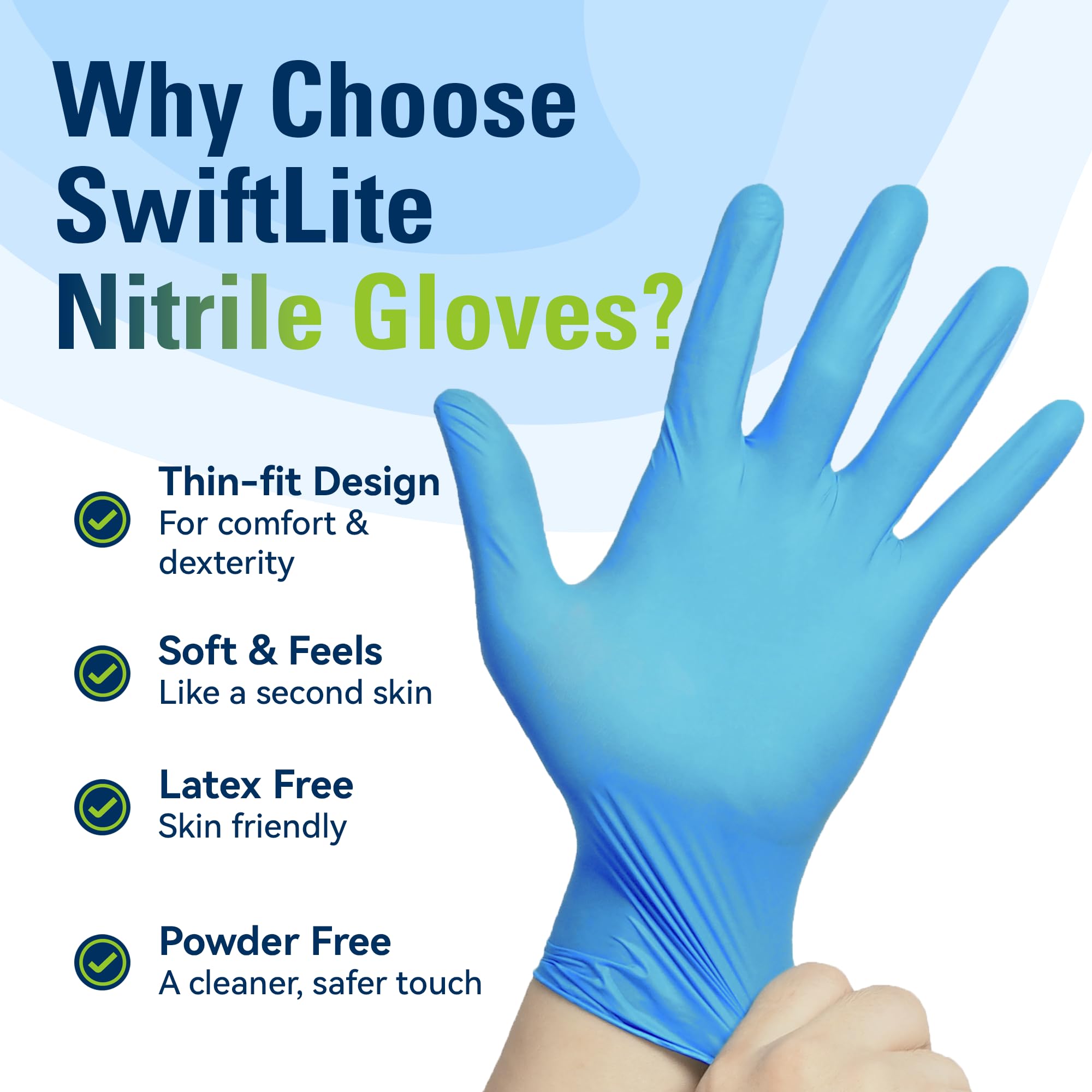 SWIFTLITE Guantes de nitrilo, guantes desechables de grado alimenticio, sin látex, guantes de goma azul sin polvo para preparación de alimentos, cocina, limpieza de cocina (L, 100)