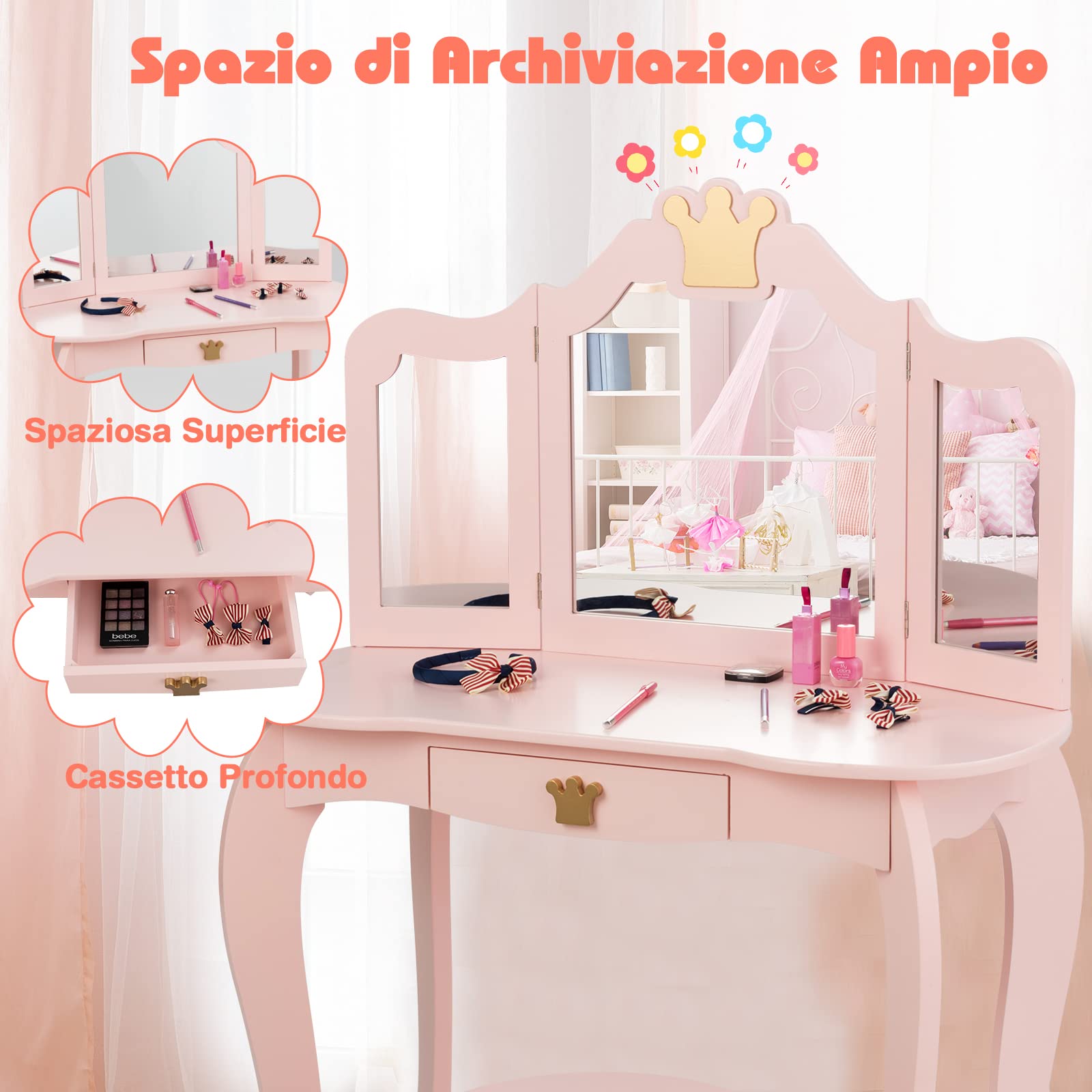 RELAX4LIFE Tavolo Toeletta Trucco per Bambini, Set Mobile 2 in 1 Scrivania con Cassetto e Sgabello, Specchio a 3 Lati Smontabile, Sicurezza Anti Ribaltamento, 79,7 x 42,2 x 106,2 cm (Rosa)
