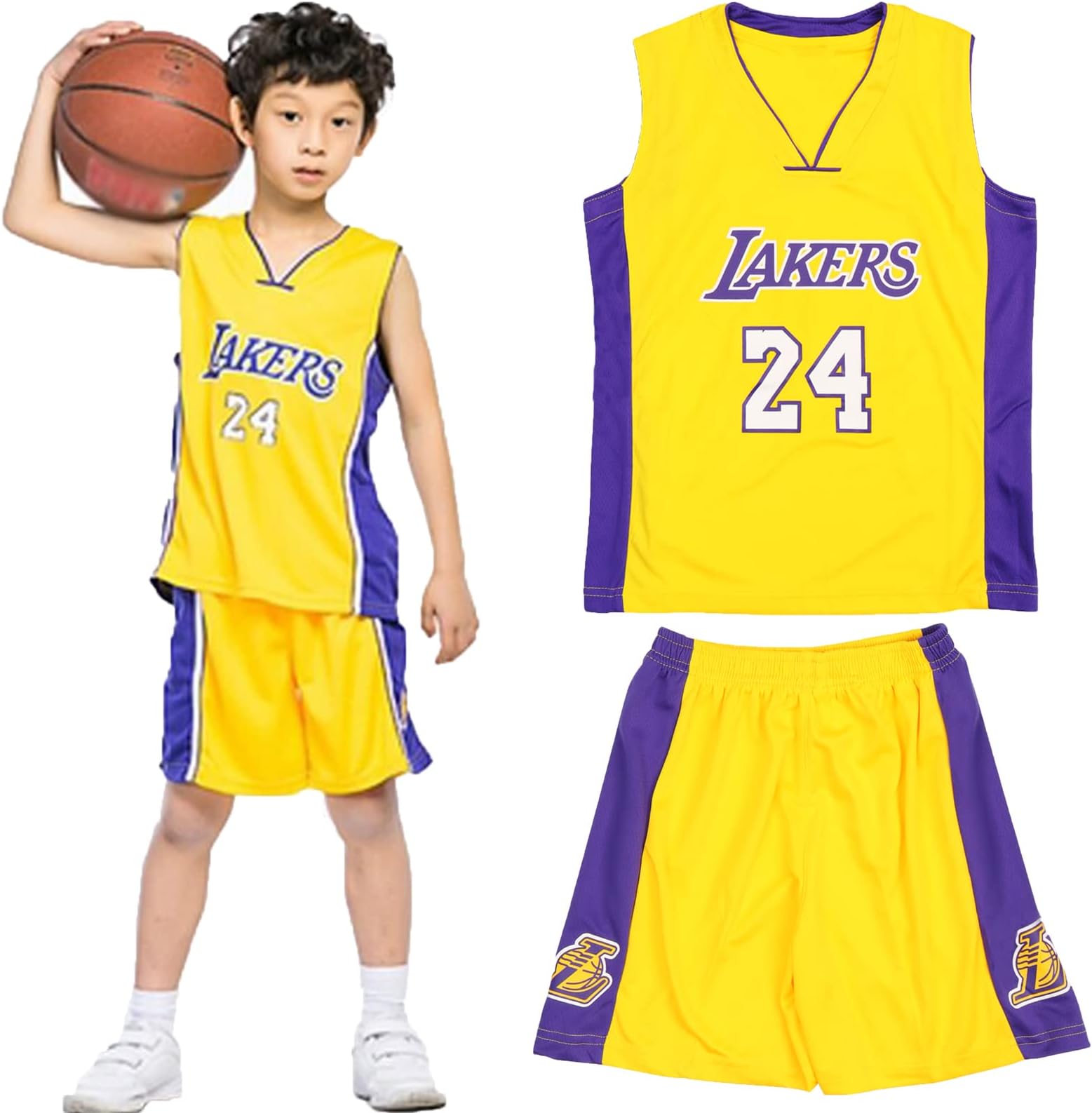 Kannitty Kids Basketball Kit, 2 Piece Sleeveless Sport Kids Basketball Jersey Shirt, Cool Basketball Kids for Kids Boys Teenagers Childs Gifts（Yellow,L）, 8-10 Years (KY-01)