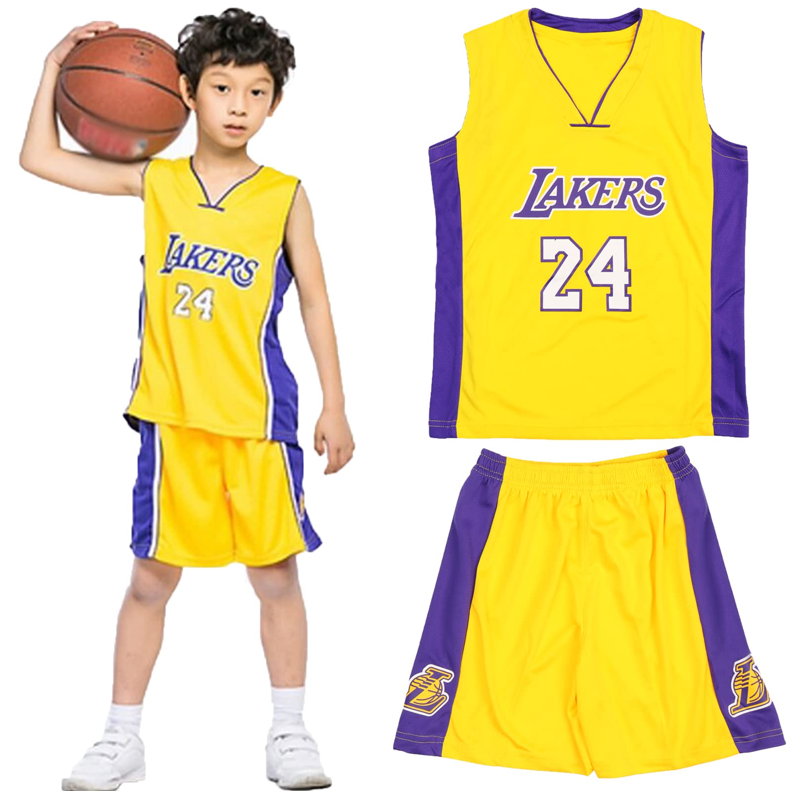 Kannitty Kids Basketball Kit, 2 Piece Sleeveless Sport Kids Basketball Jersey Shirt, Cool Basketball Kids for Kids Boys Teenagers Childs Gifts（Yellow,L）, 8-10 Years (KY-01)
