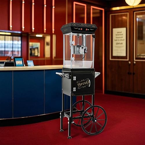 Máquina para hacer palomitas de maíz de 6 onzas con carro, 480 W estilo teatro vintage con hervidor de acero inoxidable, vidrio templado, gabinete