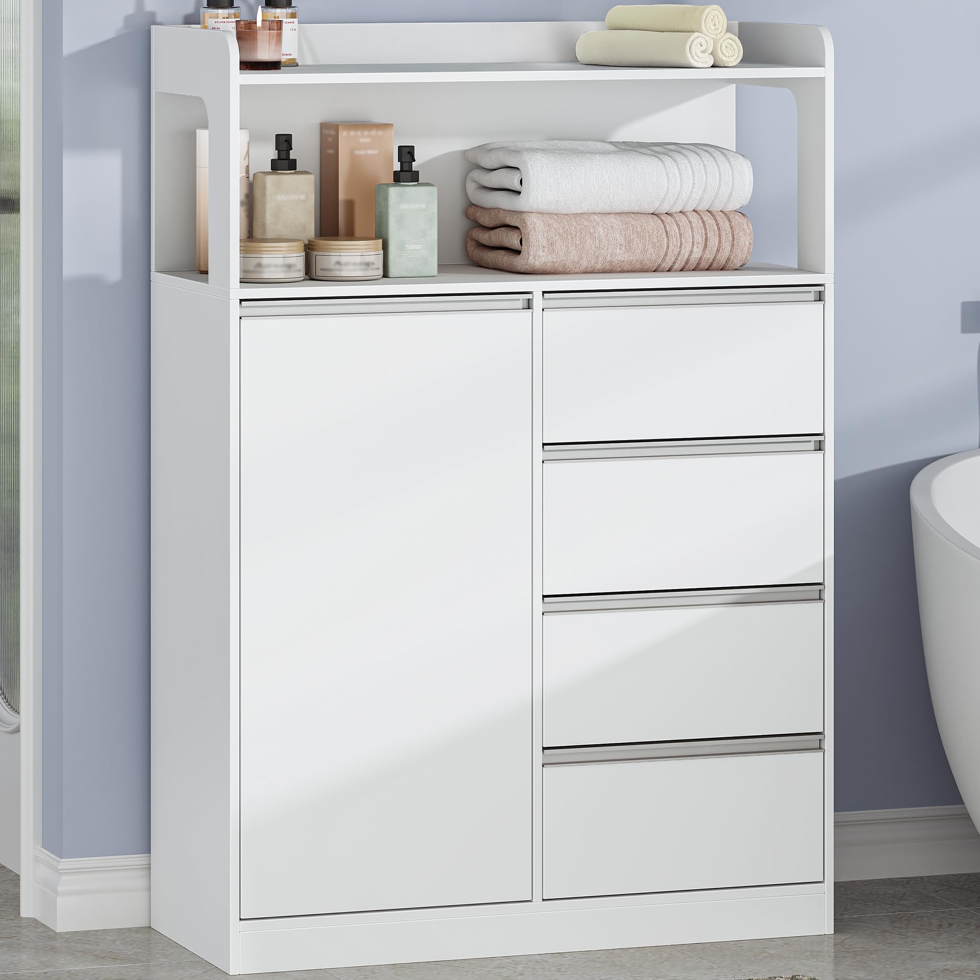 HEXCELEN Mobile da Bagno, Armadietto Autoportante, con 4 Cassetto e Ripiano Regolabile, Armadietto da Salvaspazio con Cassetto Spazioso, per Bagno, Soggiorno, Corridoio, Bianco, 30 x 80 x 110 cm