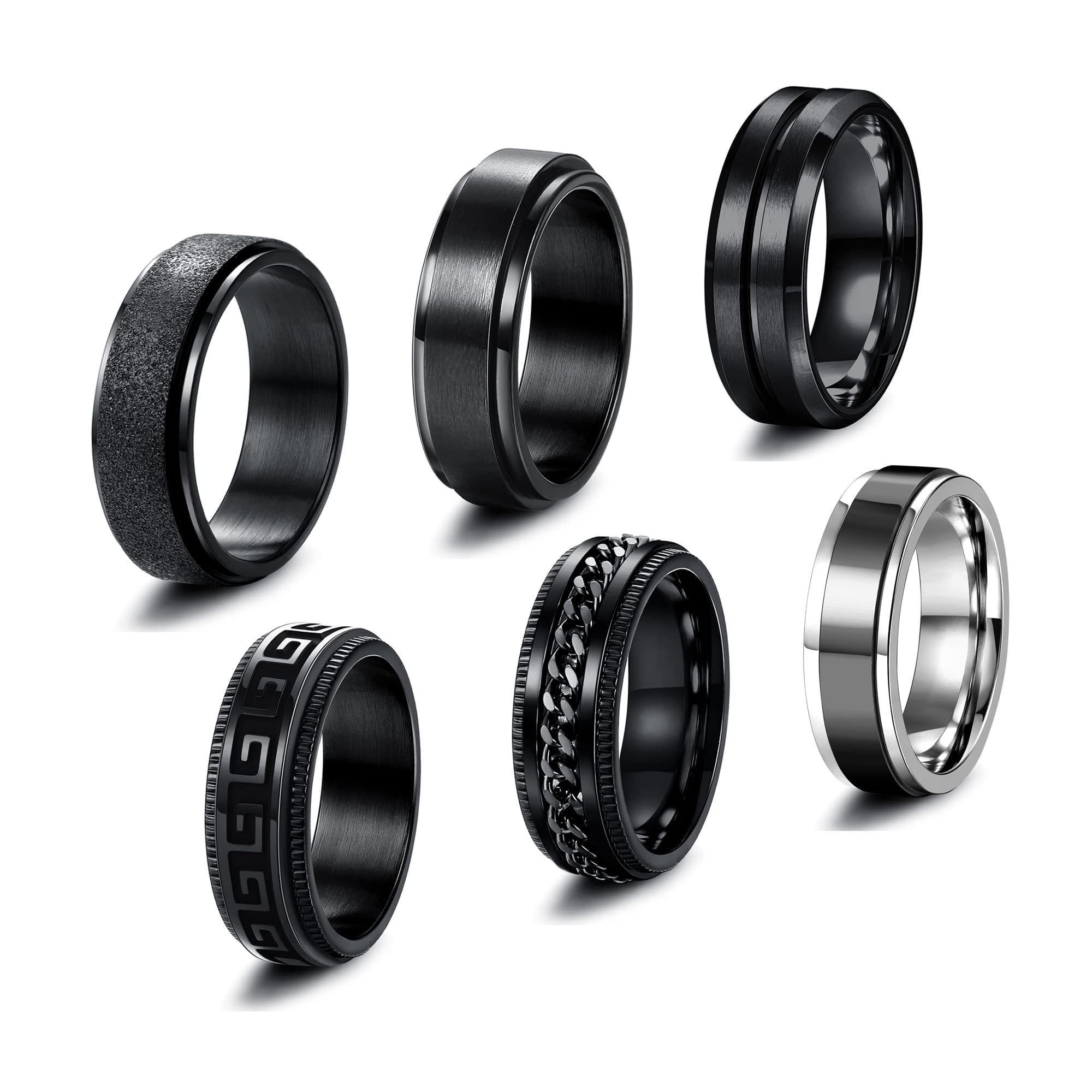 JeweBella6 Pcs Mens Rings Stainless Steel Twisted Chain Rings Spinner Rings 8MM Black Cool Celtic Vintage Rings Wedding Promise Black Band Ring Set for Men Size S&R