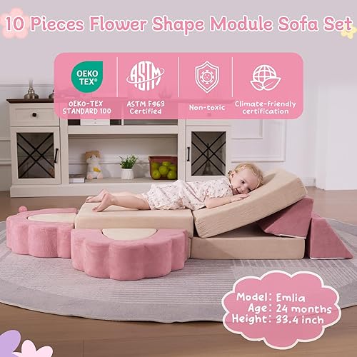 Miniatura 4 de Sofá de espuma para niños  Juego de sofá modular con forma de flor de 10 piezas con funda convertible lavable para sala de juegos, acogedora tumbona