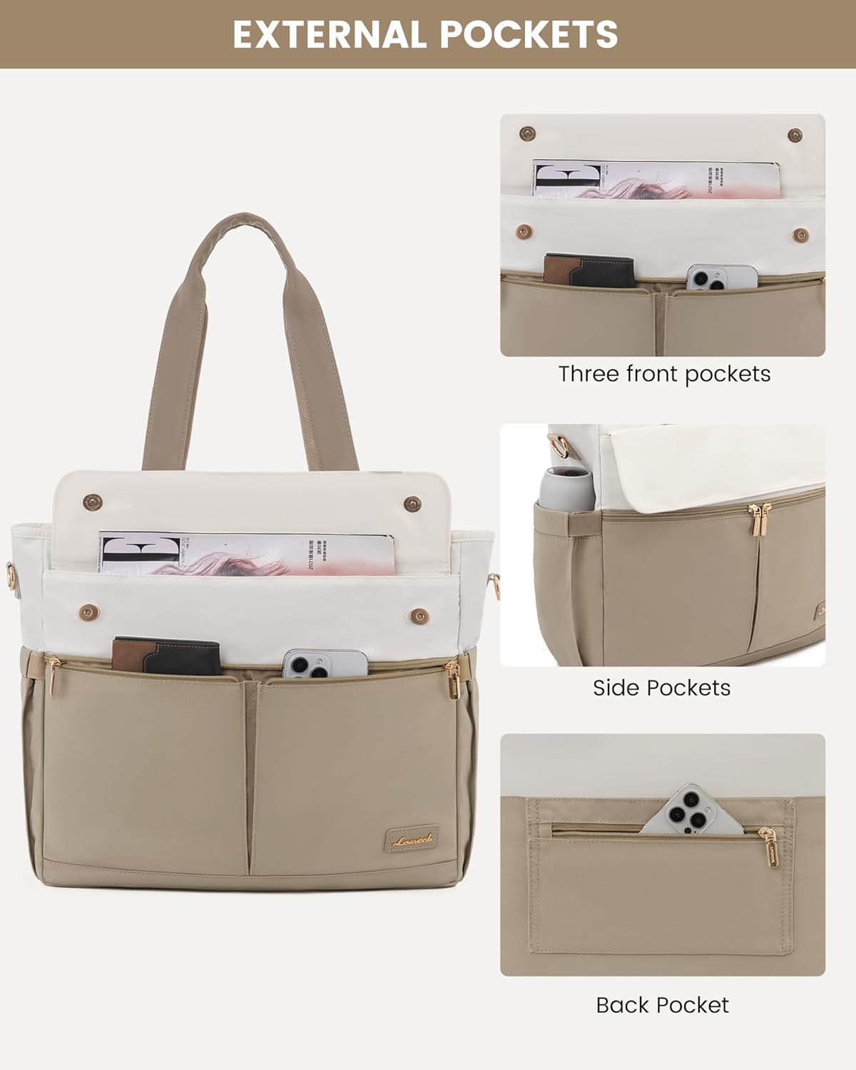 LOVEVOOK Upgrade Version Work Bags for Women 15.6 Inch Laptop Bag Large Capacity Mutiple Pockets Teacher Bag Water Resistant Canvas Tote Bag Purse for Office Travel College Nurse Teacher, Khaki Beige - Image 6