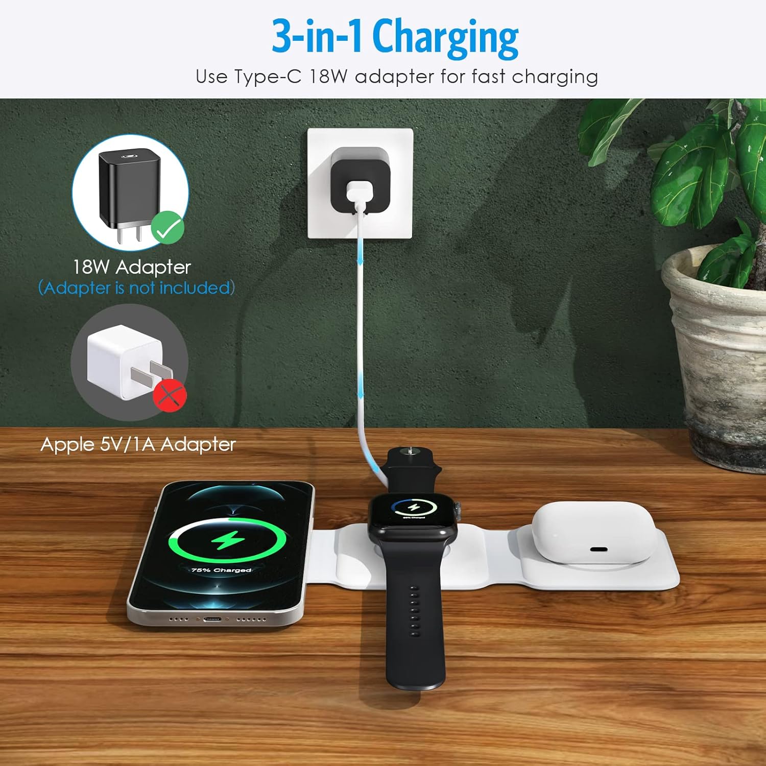 【𝐔𝐩𝐠𝐫𝐚𝐝𝐞𝐝 𝑽𝒆𝒓𝒔𝒊𝒐𝒏】 Criacr 3 in 1 Foldable Wireless Charger, Magnetic Fast Wireless Charging Pad, Compatible with iPhone 15/14/13/12, Apple Watch, AirPods Pro