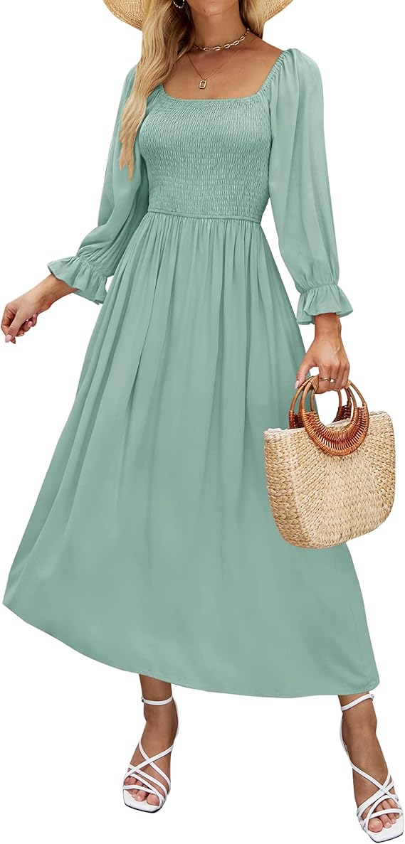 ZESICA Women's Casual Square Neck 3/4 Puff Sleeve Solid Color Smocked High Waist Flowy Midi Dress