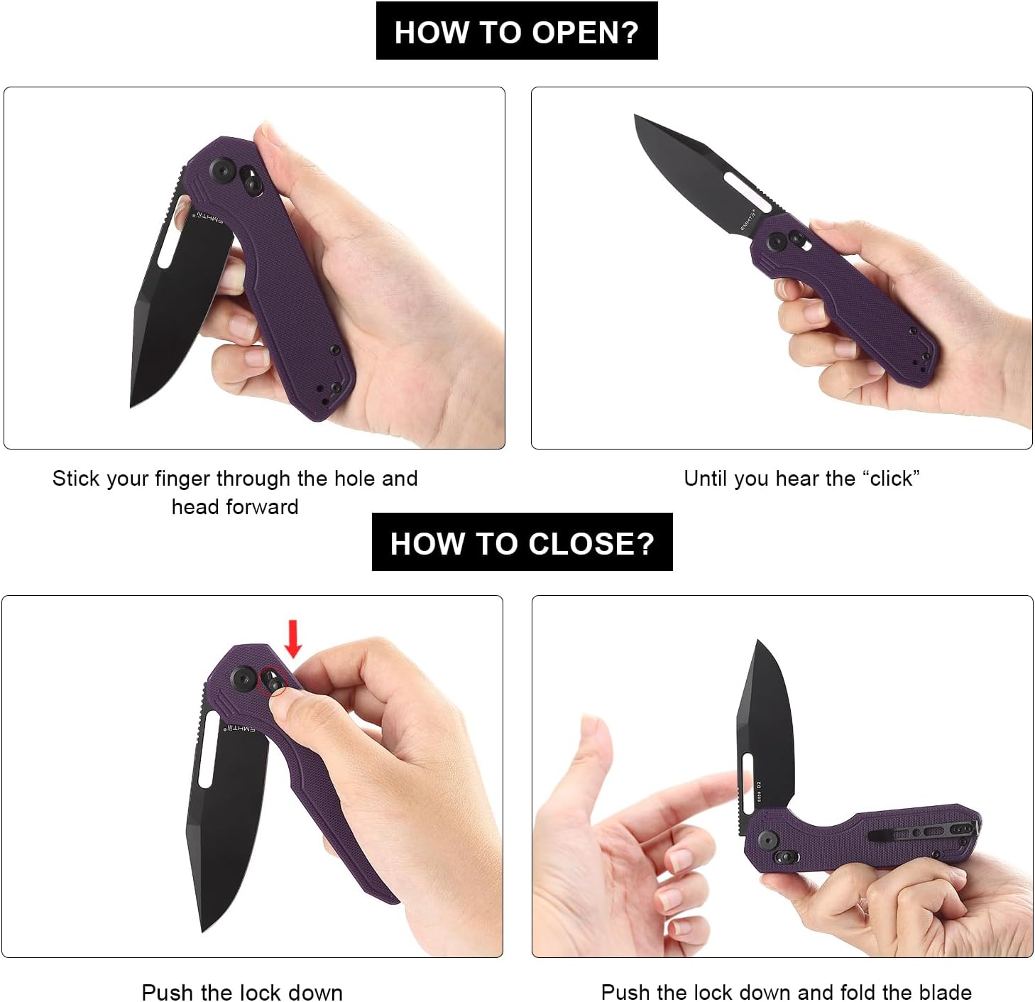 Folding Pocket Knife with Reversible Clip: D2 Steel Black Drop Point Blade, Crossbar Axis Lock, G10 Handle Scales, EDC Camping Knives for Man Women E039, Purple