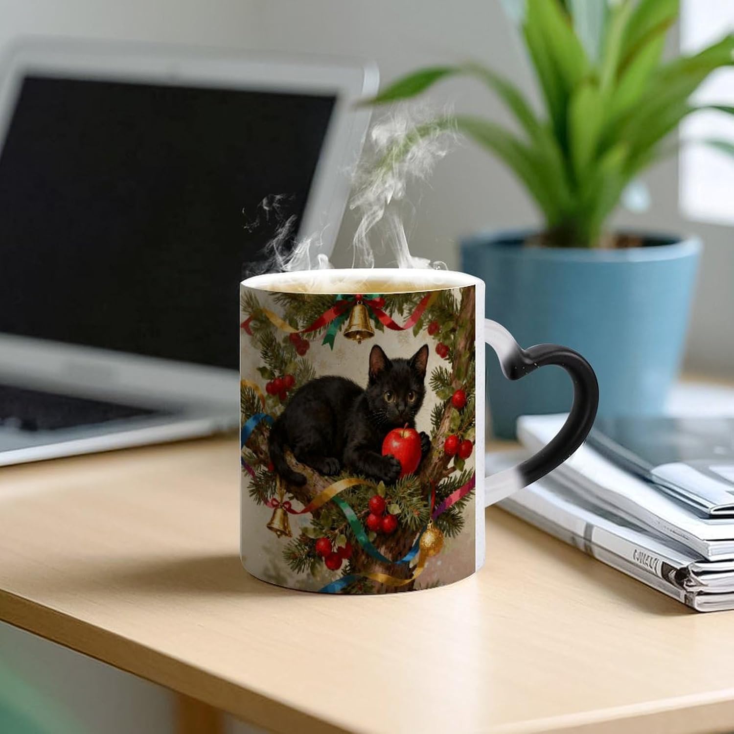 Color Changing Cup with Heart Shape Handle, Christmas Tree Cat image 5