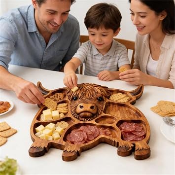 Highland Cow Wooden Charcuterie Board, Rustic Farmhouse Serving Platter with Divided Compartments, Multipurpose Cutting Board for Cheese Meat Fruit Snacks Home Party Holiday Gathering (A)
