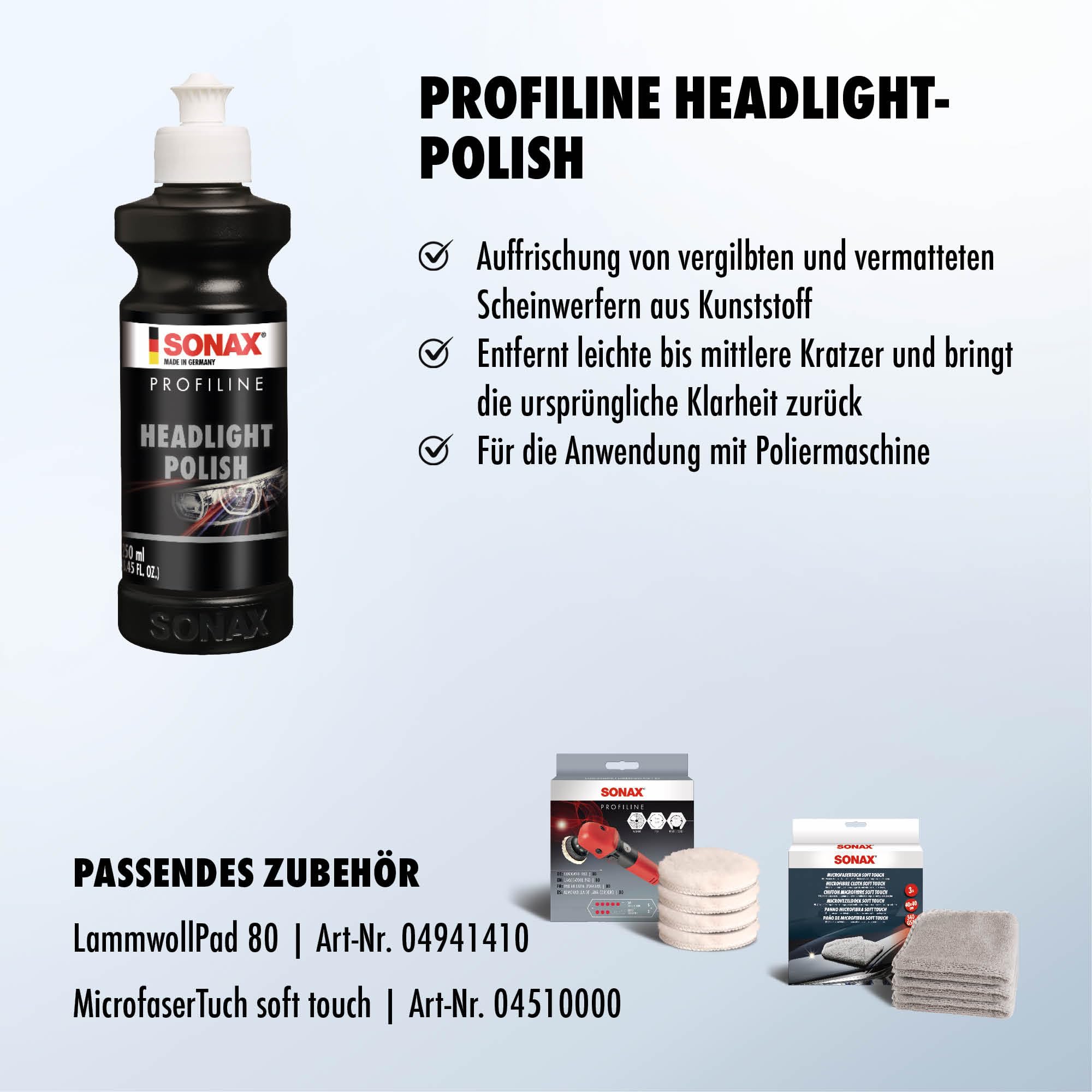 SONAX PROFILINE HeadlightPolish (250 ml) spezielle Schleifpaste zur Auffrischung von vergilbten und vermatteten Scheinwerfern aus Kunststoff | Art-Nr. 02761410