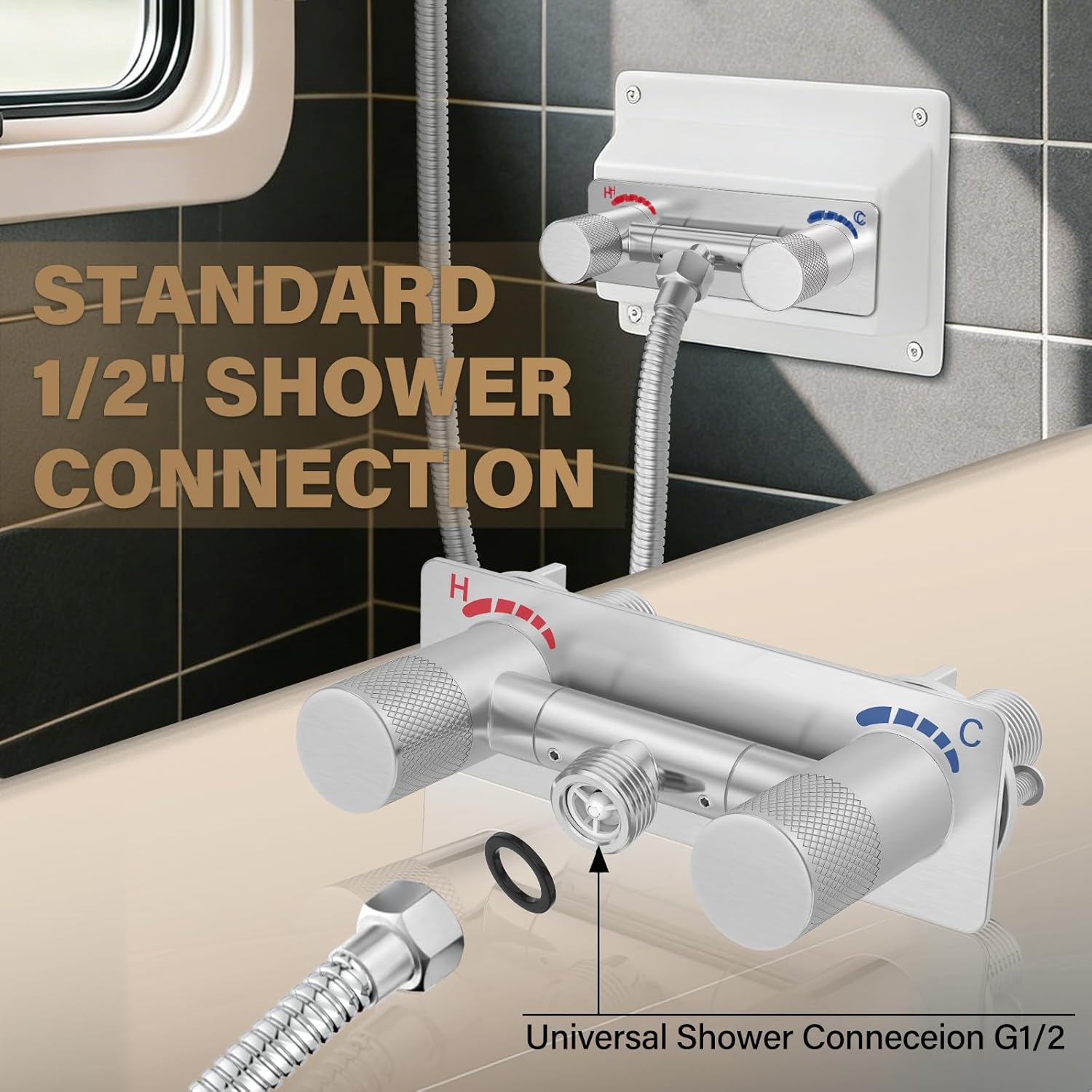 4" All Metal RV Shower Faucet Replacement, Leak-Proof Design with Easy Control Knob, Camper Shower Faucet Heavy-Duty RV Shower Diverter Valve for Indoor and Outdoor Use - Brushed Nickel