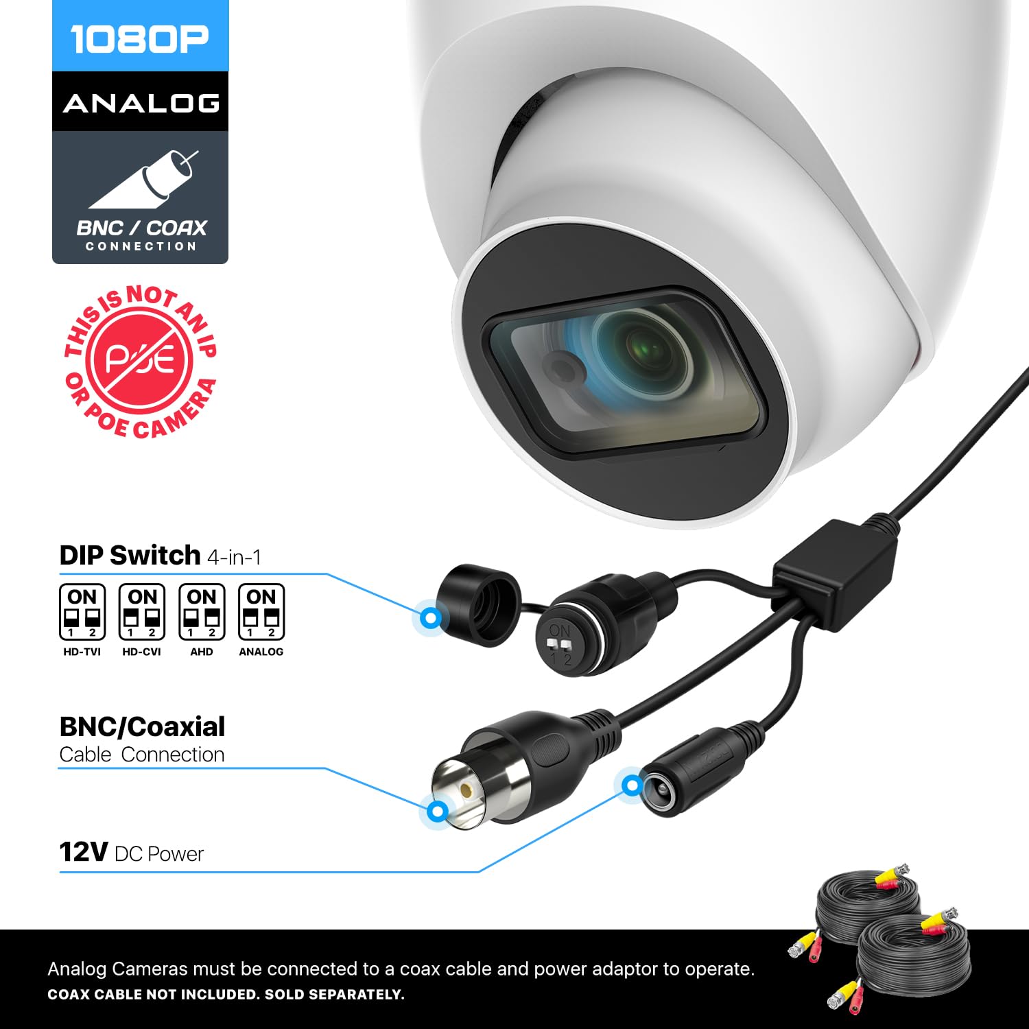 Amcrest Analog Outdoor Security Camera Dome 2MP 1080P @ 30fps, Quadbrid, 129° FOV, White (Not an IP Camera) (DVR Required, Not Included) AMC1080DM28-W