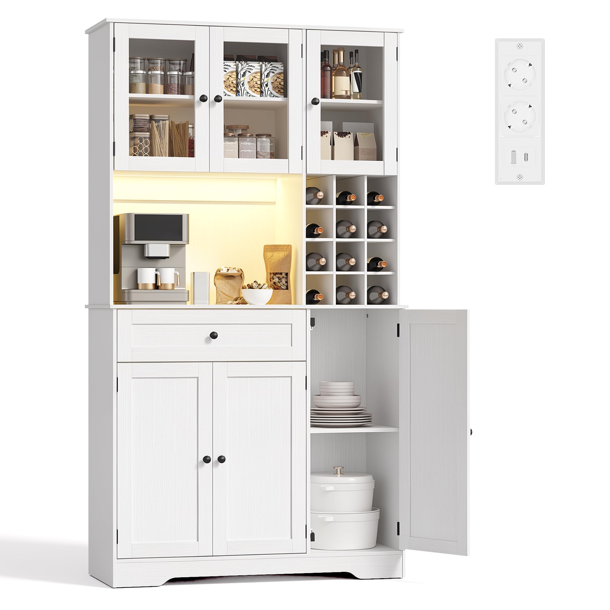 Xbro Buffet Cuisine Haut, vaisselier avec Multi-Prise, étagères réglables, casier à Bouteilles Amovible, Portes magnétiques à LED, Meuble Multifonction Cuisine Salon Salle à Manger, 100×39×180cm