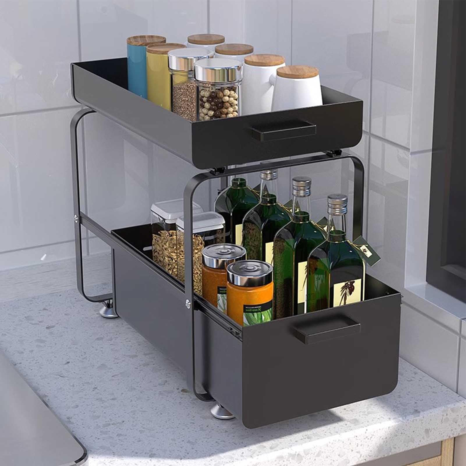 Cassetto estraibile a 2 ripiani con cestello scorrevole, contenitori in metallo per cucina e bagno, nero, soluzione salvaspazio per un facile accesso