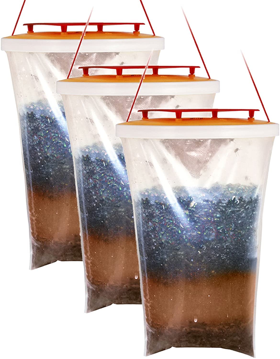 Redtop Fly Trap Transparent Hanging Fly Catchers Red Top Non-Toxic Disposable with Fly Bait Fly Killer Repellent for outdoor garden, farm, horse barn paddocks traps & kills up to 20,000 flies (3)
