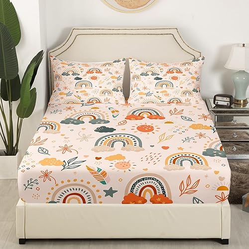 Miniatura 2 de Juego de ropa de cama tamaño individual con diseño de arco iris, estilo de mediados de siglo, diseño de hojas botánicas bohemias, flores, para niños