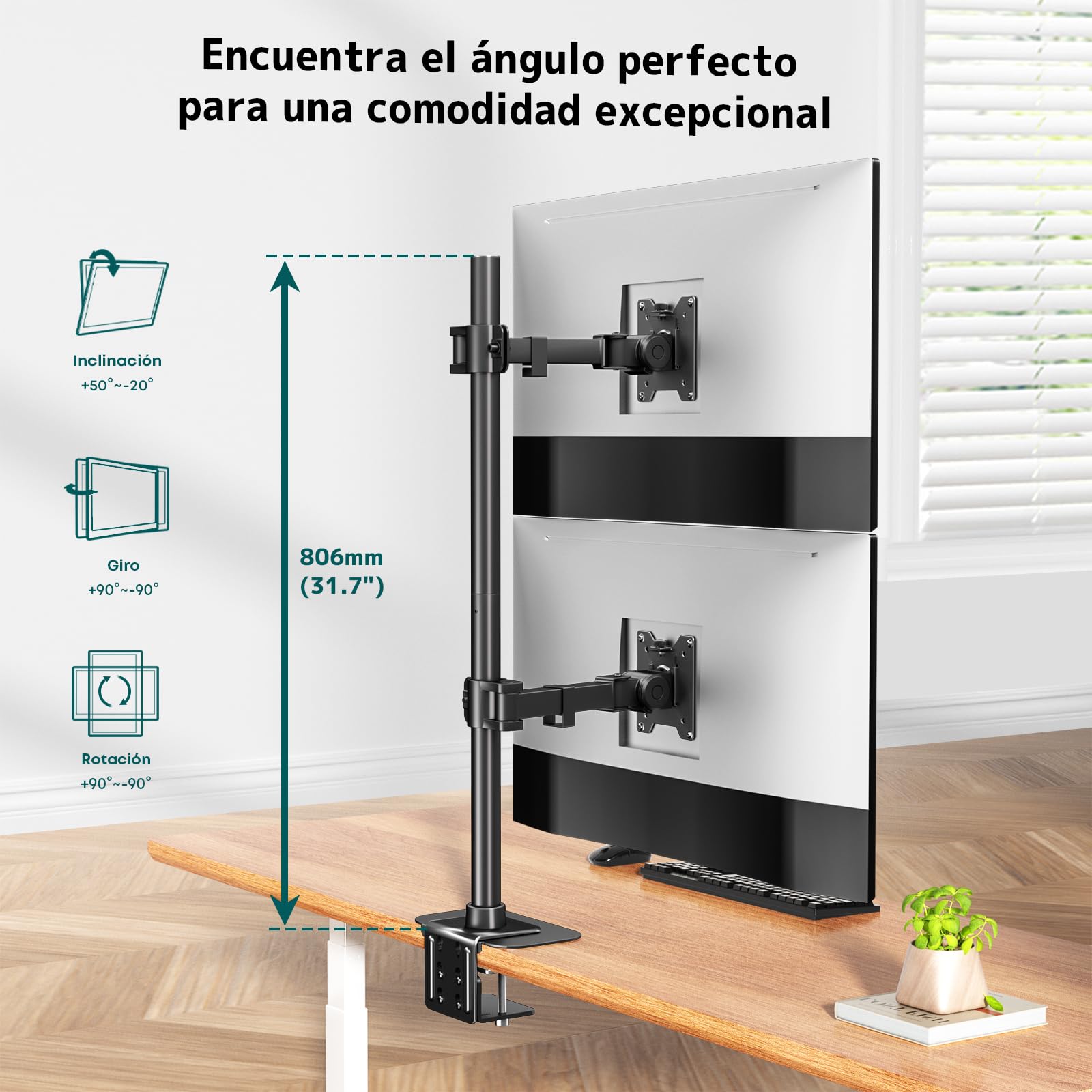Soporte de Monitor Doble Robusto – Brazo Articulado Totalmente Ajustable para Pantallas Planas y Curvas de 17″ – 49″ Pulgadas, Soporta hasta 20 kg por Brazo, Montaje VESA de Liberación Rápida