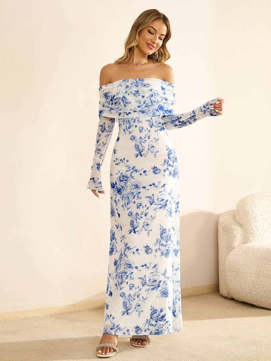 KUTUMAI Women Off Shoulder Bodycon Maxi Dress Long Sleeve Mesh Ruched Party Formal Wedding Guest Dresses - Image 4