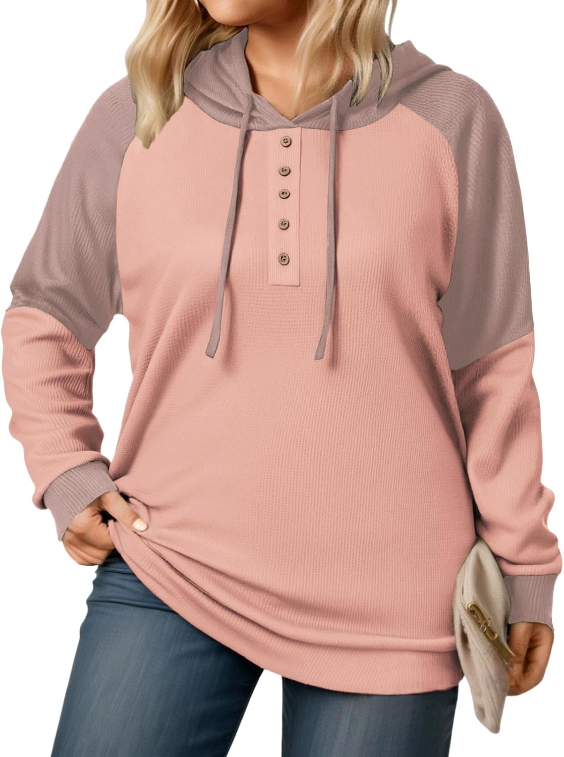 VISLILY Plus-Size-Hoodies for Women Trendy Color Block Tops Raglan Long Sleeve Drawstring Button Hooded Waffle Sweatshirts
