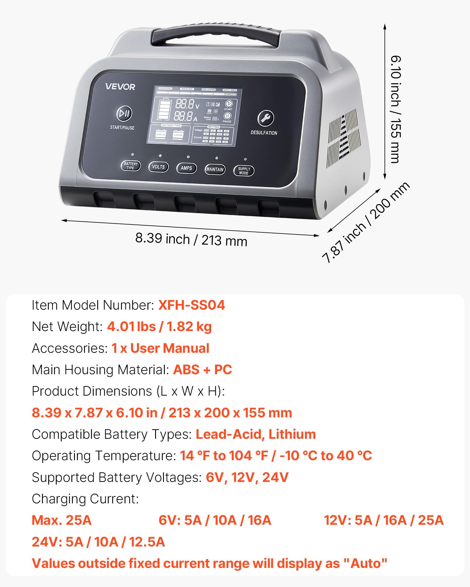 VEVOR Caricabatterie Intelligente 25 A per Auto per Batterie al Litio LiFePO4 Piombo Acido 6/12/24 V, Caricabatterie per Auto Moto Camper Barca Mantenitore di Carico Schermo LCD Desolfatatore