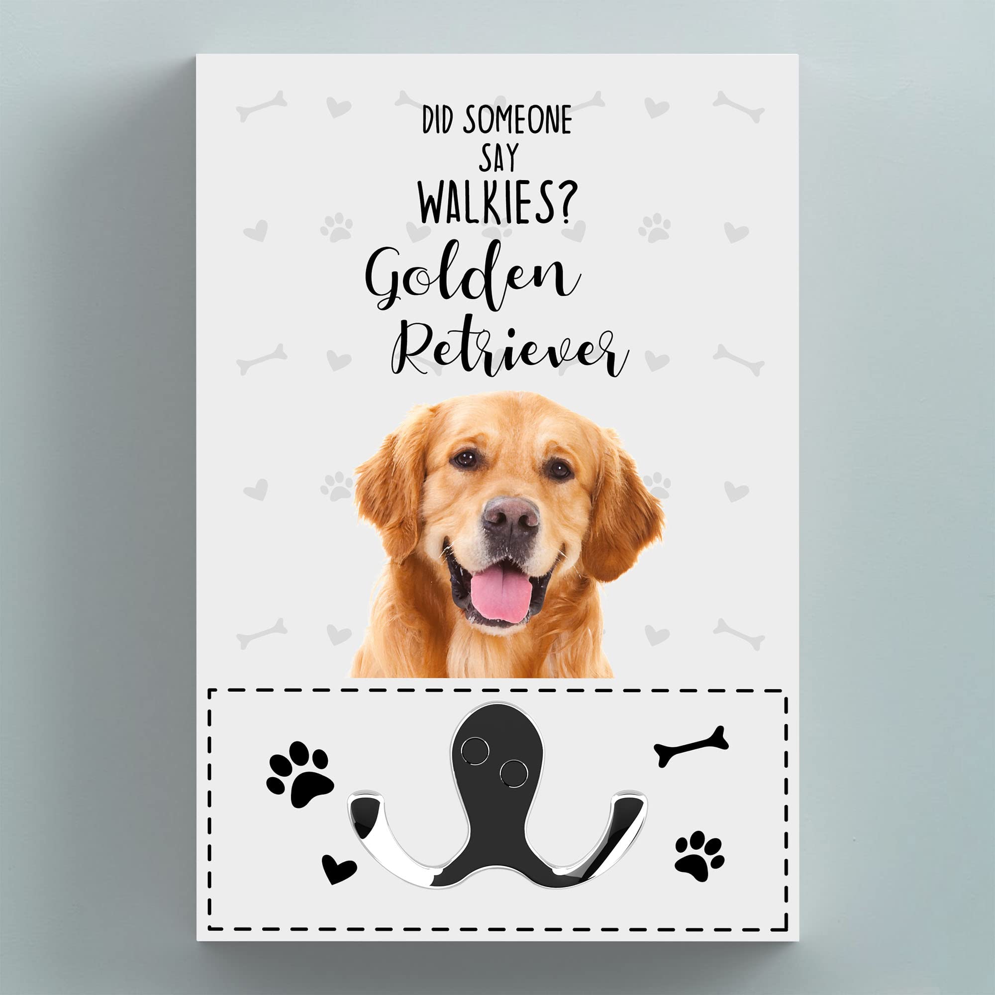 Global Designs White Grain With Uv Print Walkies Golden Retriever Themed Wall Hung Lead Hook Dog Breed Lead Holder Wall Hook