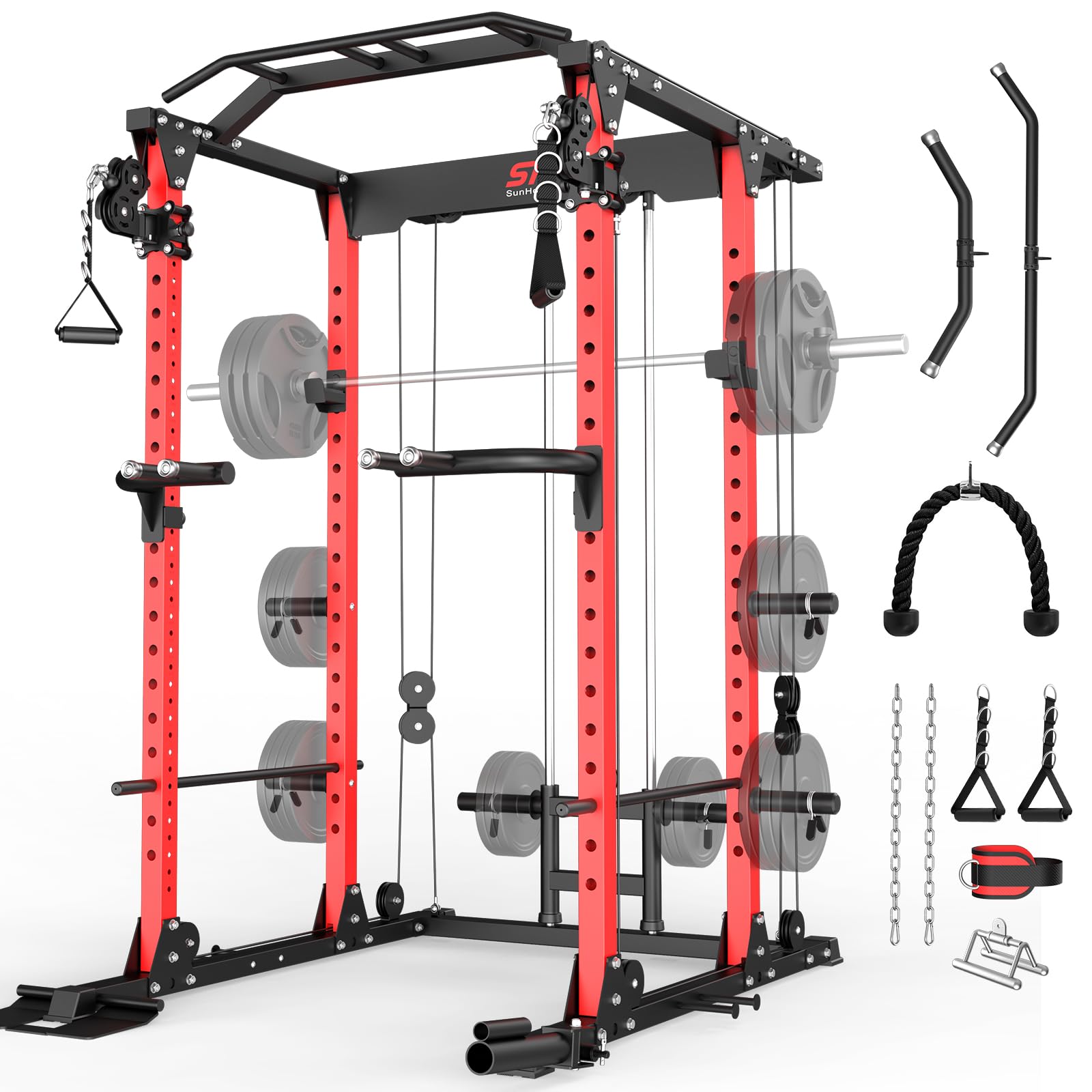 SunHome Power Cage Squat Rack, Multi-Functional Power Rack with Adjustable Cable Crossover System, J-Hooks, Dip Handles, Weight Plate Storage