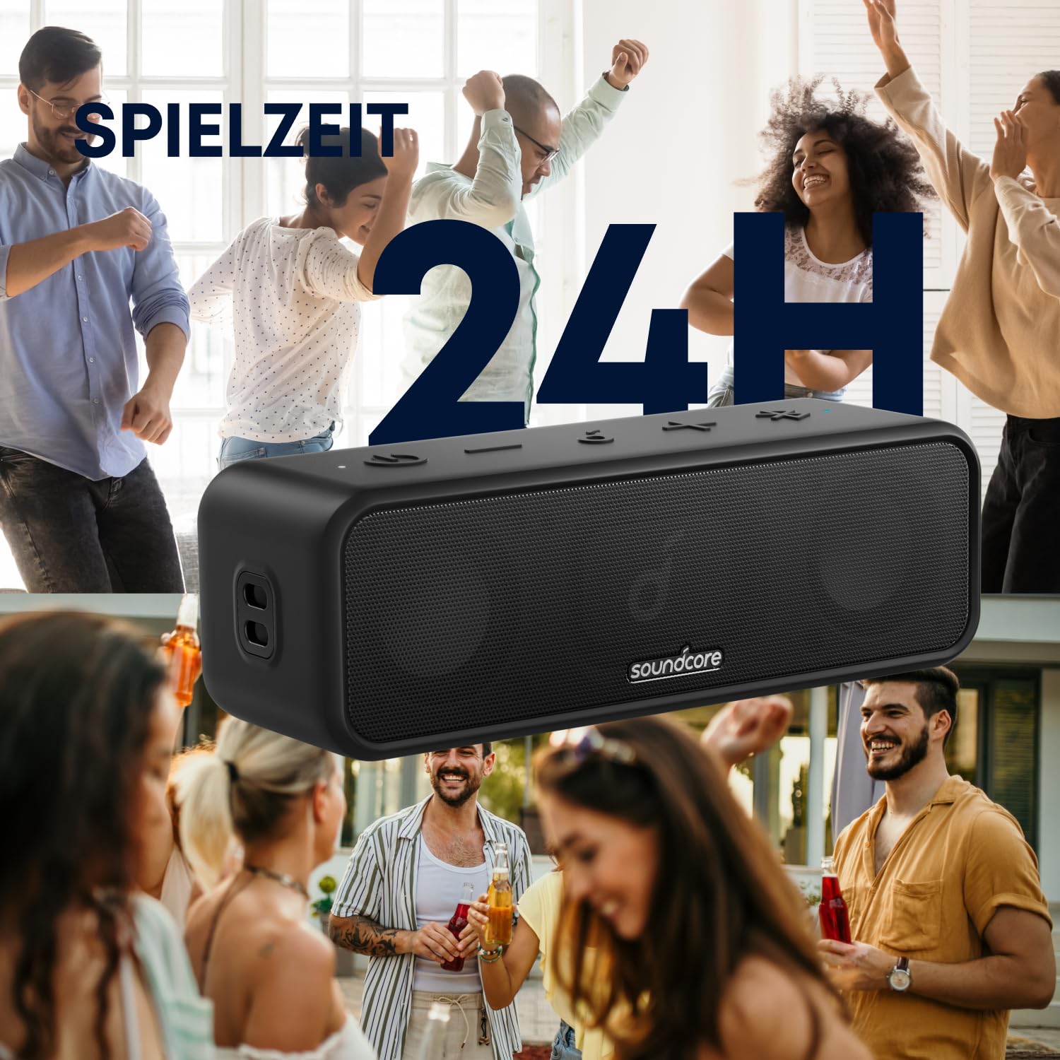 soundcore 3 Bluetooth Lautsprecher, Stereo-Sound, Audiotreiber mit Titan-Membran, PartyCast, BassUp, 24 Stunden Akku, IPX7 Wasserschutz, individueller EQ, für Zuhause, Draußen, Garten (in Schwarz)