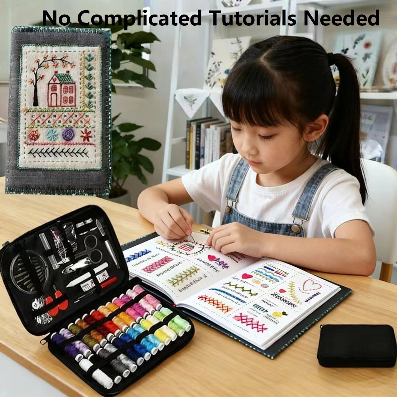 YongXinMY Kit de libro de punto de bordado – Libro de práctica de punto de bordado de lino, tutorial instructivo de 40 patrones y kit de herramientas de costura de 86 piezas para principiantes, hogar