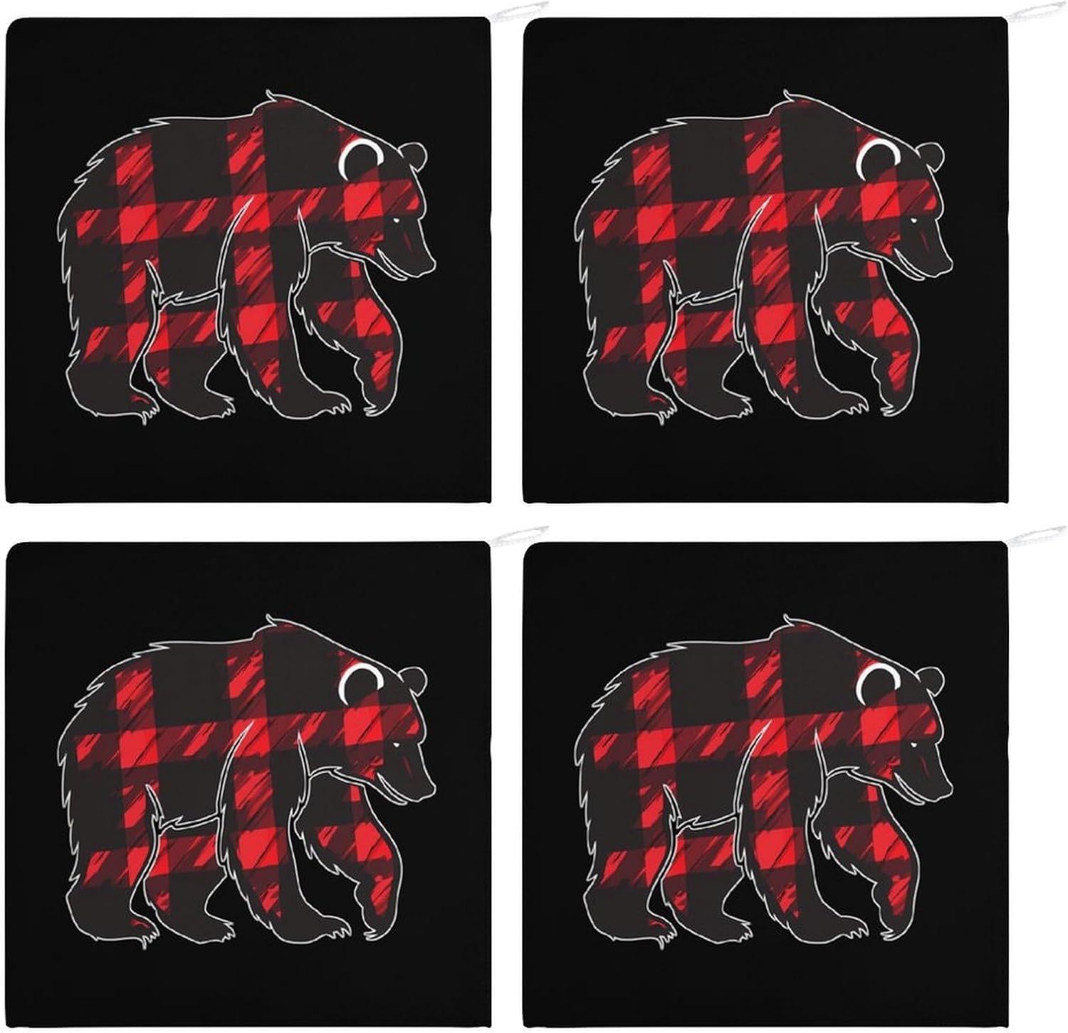 Plaid Bear Hand Towels for Bathroom Kitchen Towels Small Towel Handkerchiefs with Hanging Loop 4PCS