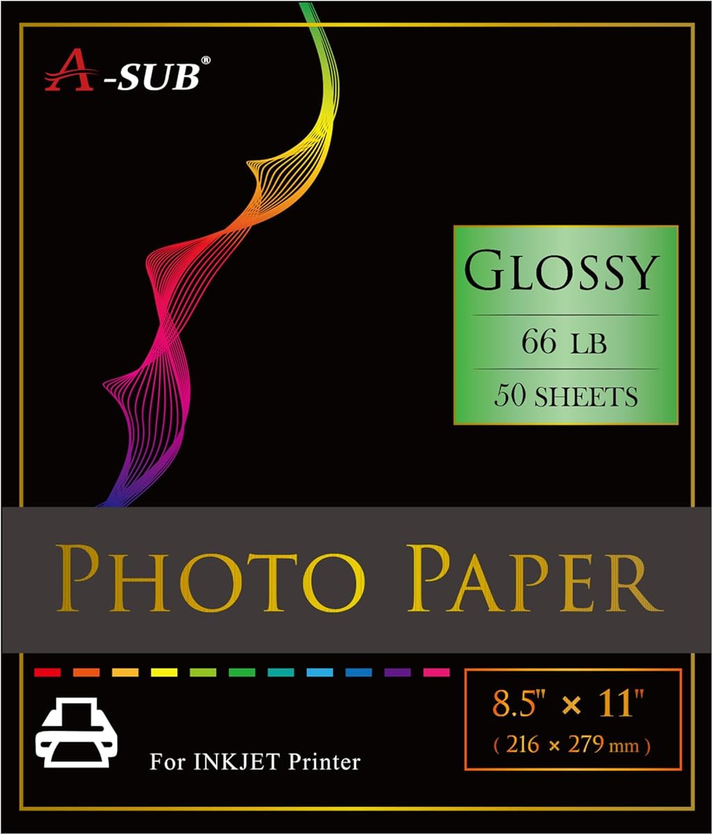 A-SUB Premium Photo Paper High Glossy 8.5x11 Inch 66lb for Inkjet Printers 50 Sheets,Single Sided